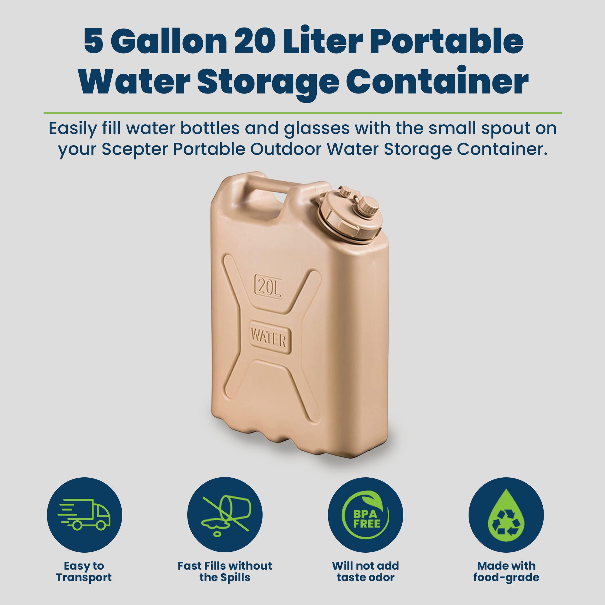 Scepter Lightweight BPA 5 Gallon 20 Liter Portable Water Storage Container, Sand (4 Pack) - VMInnovations
