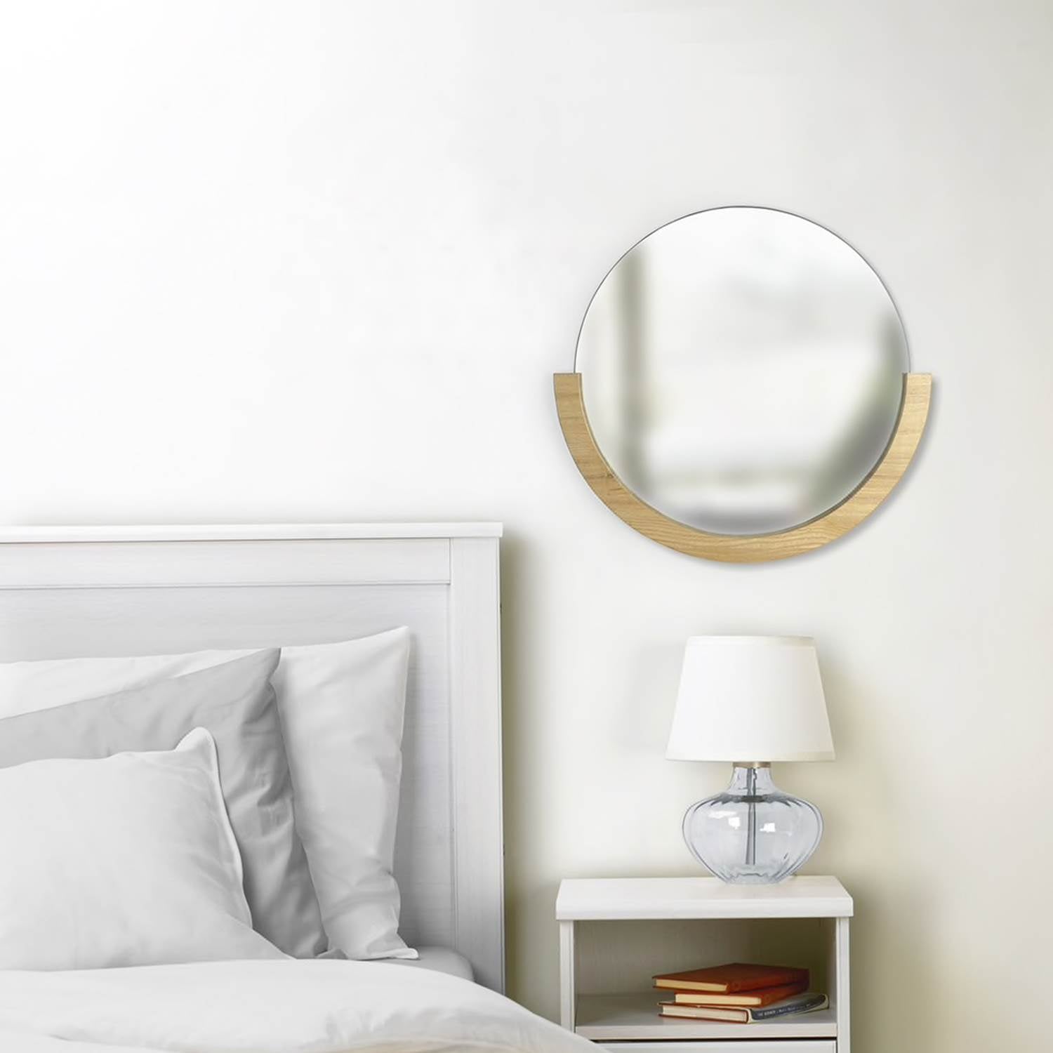 Umbra Round Circle Mira Decorative Wall Accent Mirror with Wood Frame, Natural