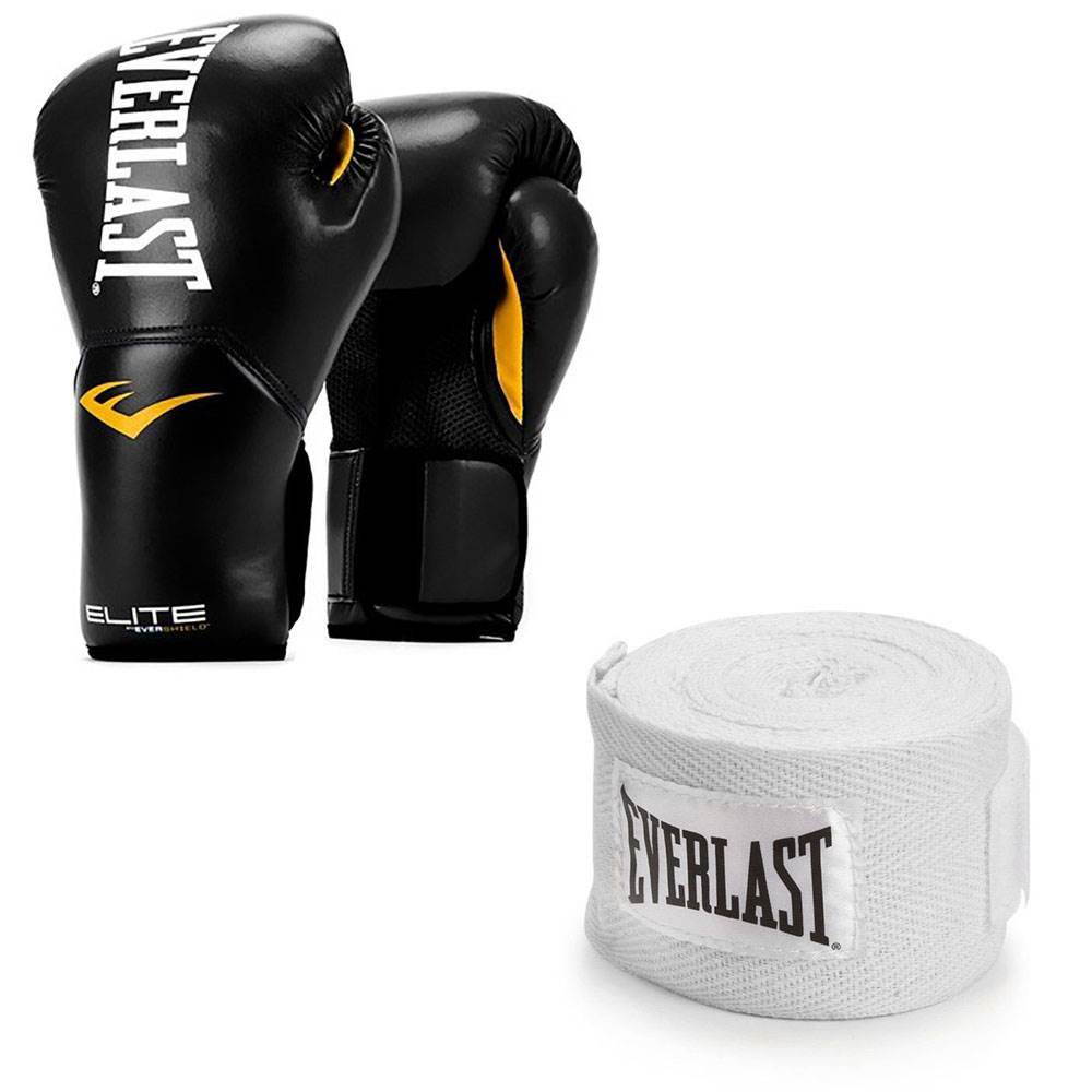 Everlast Black Elite Boxing Gloves 14 Ounce & White 120-Inch Hand Wraps