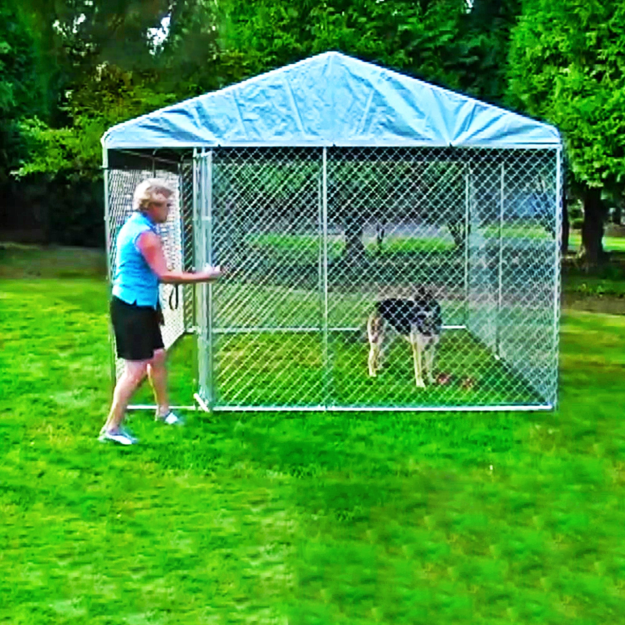 Lucky Dog 10 x 10 Ft Outdoor Steel Chain Link Dog Kennel & Waterproof Roof Cover - VMInnovations