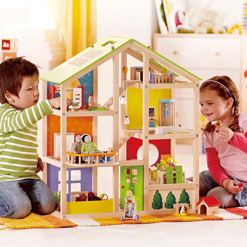Hape All Season House Kids Toy Wooden Dollhouse w/ Furniture & Doll Toy Set