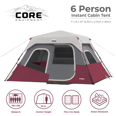 CORE Instant Cabin 11 x 9 Foot 6 Person Cabin Tent with Air Vents and Loft, Red