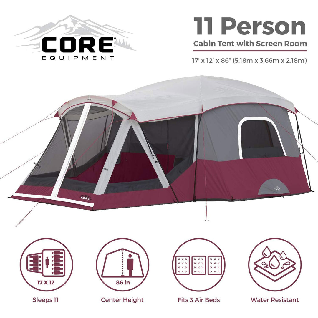CORE 40072 11-Person Family Camping Cabin Tent with Screen Room, Red (Open Box) - VMInnovations