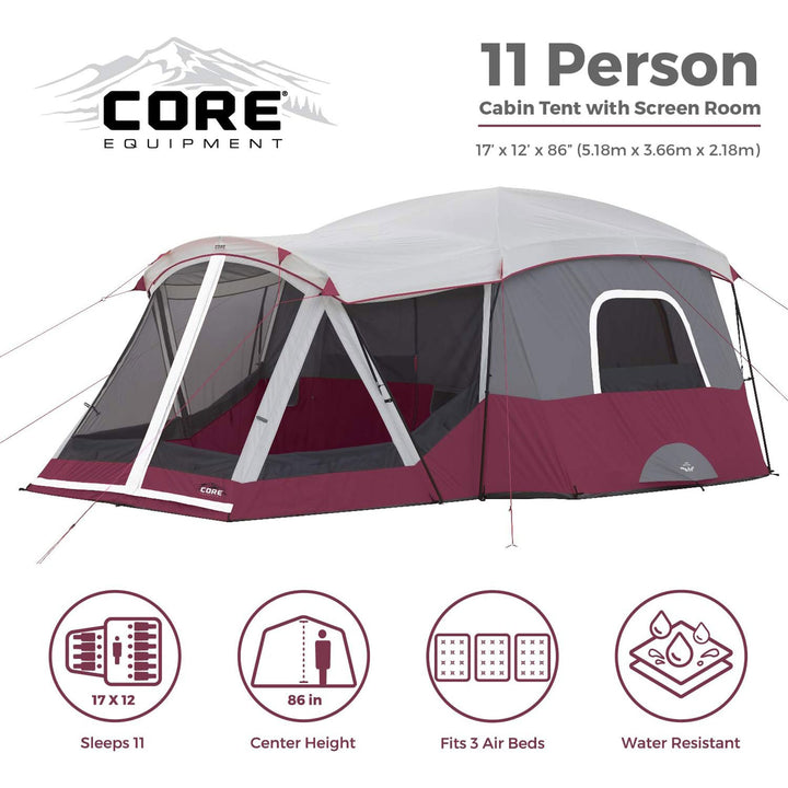 CORE 40072 11-Person Family Camping Cabin Tent with Screen Room, Red (Open Box) - VMInnovations