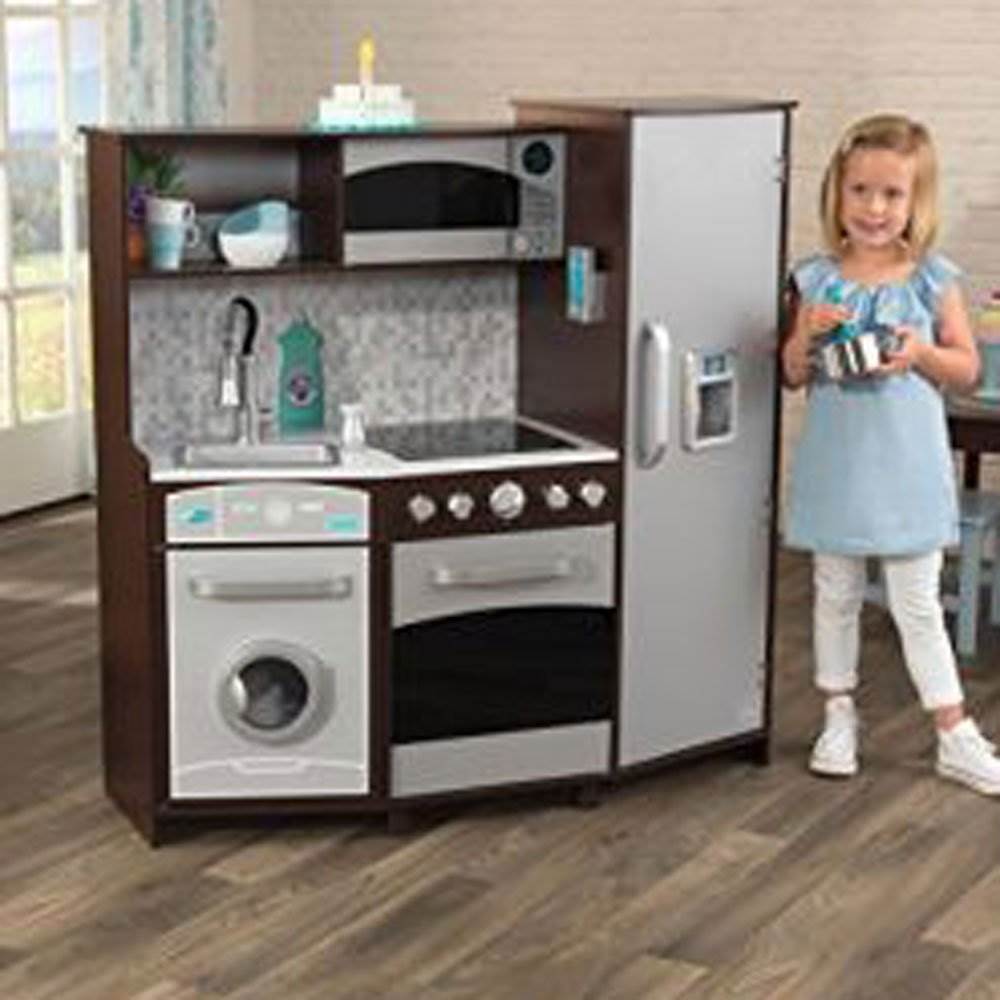 KidKraft Play Kitchen w/ Realistic Lights and Sounds, Espresso/Silver (Open Box)