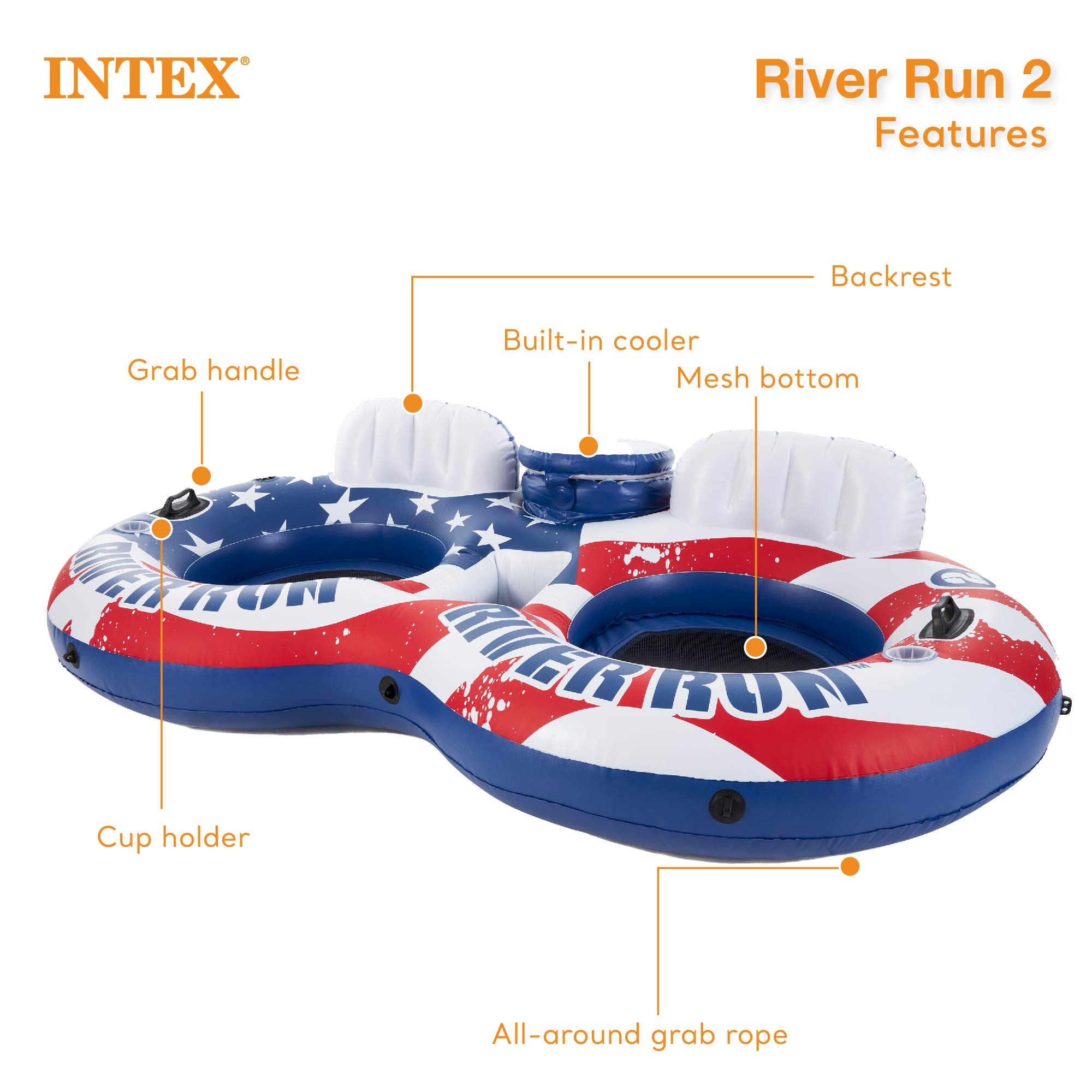 Intex Inflatable American Flag Double Tube Pool Float with Cooler & Cup Holders - VMInnovations