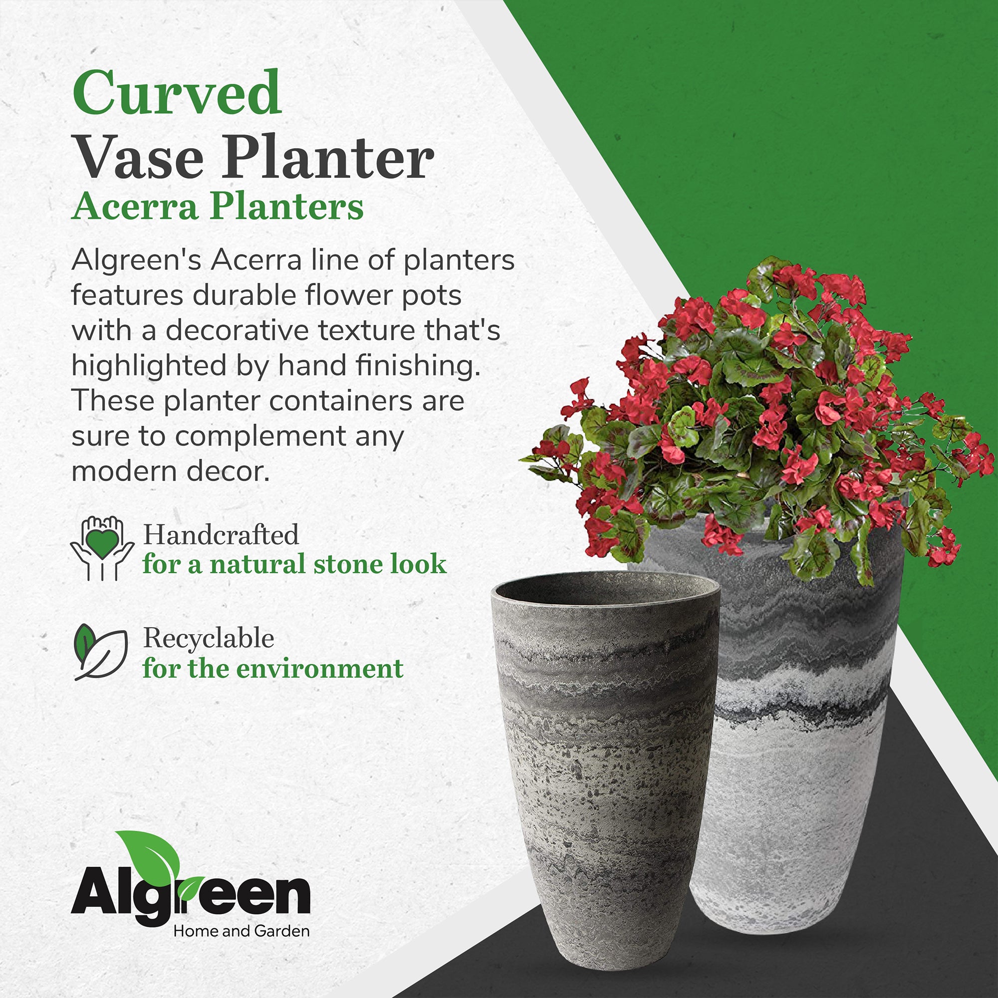 Algreen Acerra 12 x 20 Inch Curved Patio Vase Garden Planter, Marble (2 Pack)