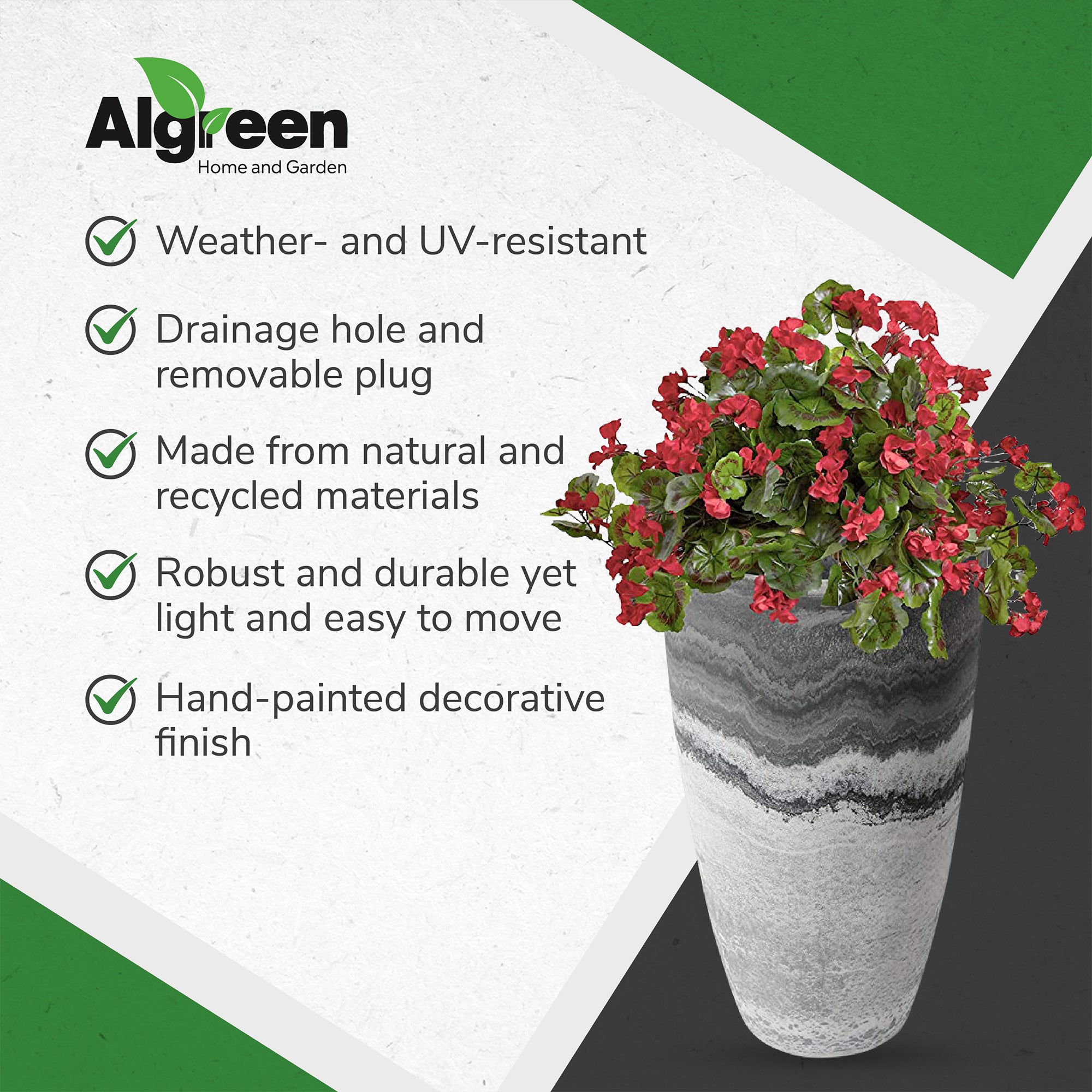 Algreen Acerra Curved Yard & Patio Vase Garden Planter 11.5" x 20", Marble(Used) - VMInnovations