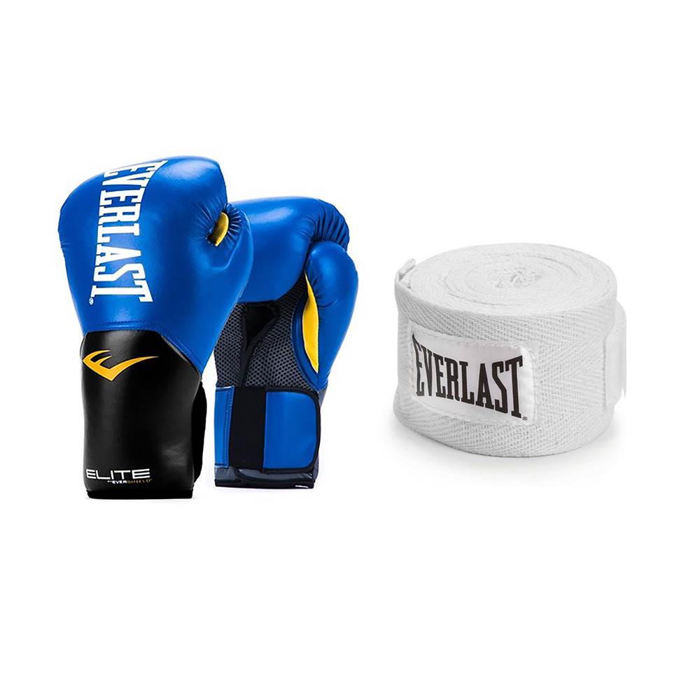 Everlast Blue Elite Boxing Gloves 12 Ounce & White 120-Inch Hand Wraps