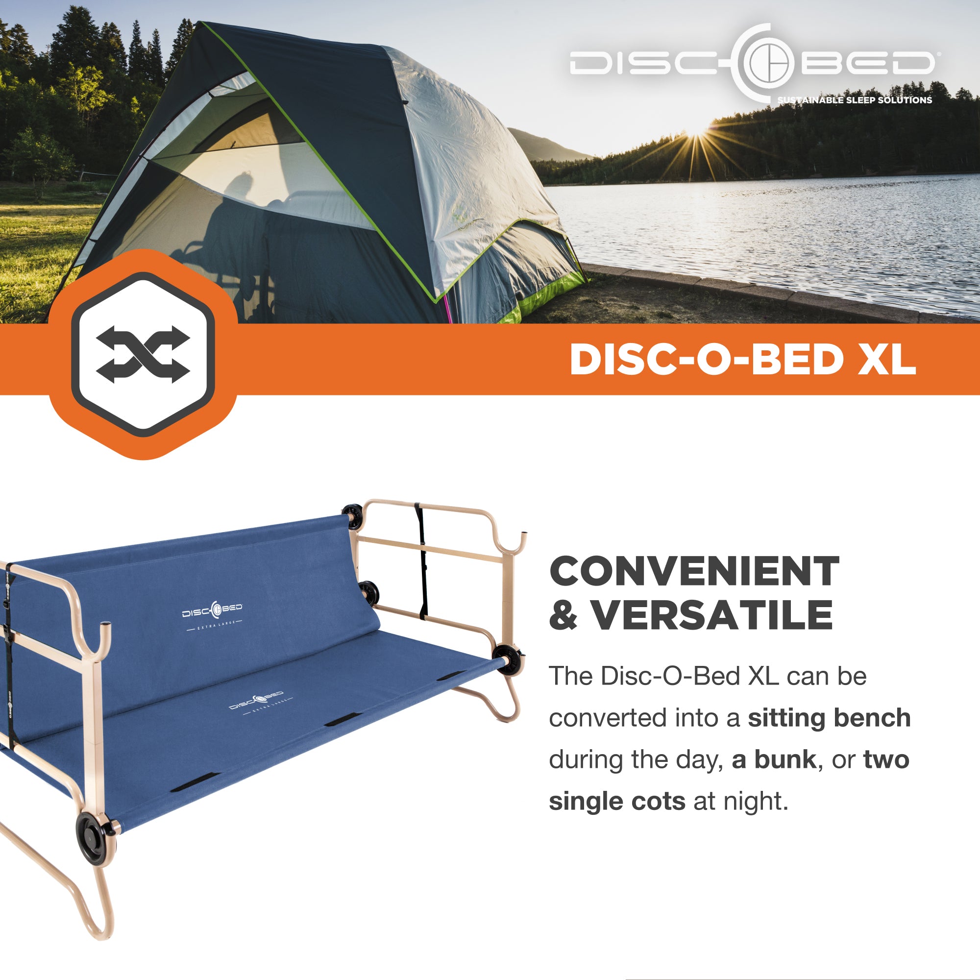 Disc-O-Bed X Large Cam-O-Bunk Benchable Double Cot with Storage Organizers, Navy - VMInnovations