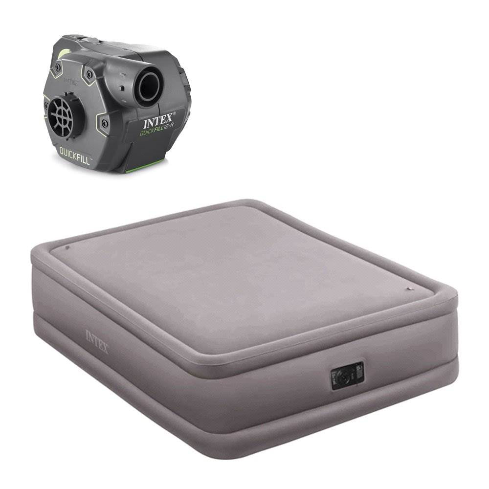 Intex Queen Raised Air Bed Foam Top Mattress and Cordless Electric Air Pump