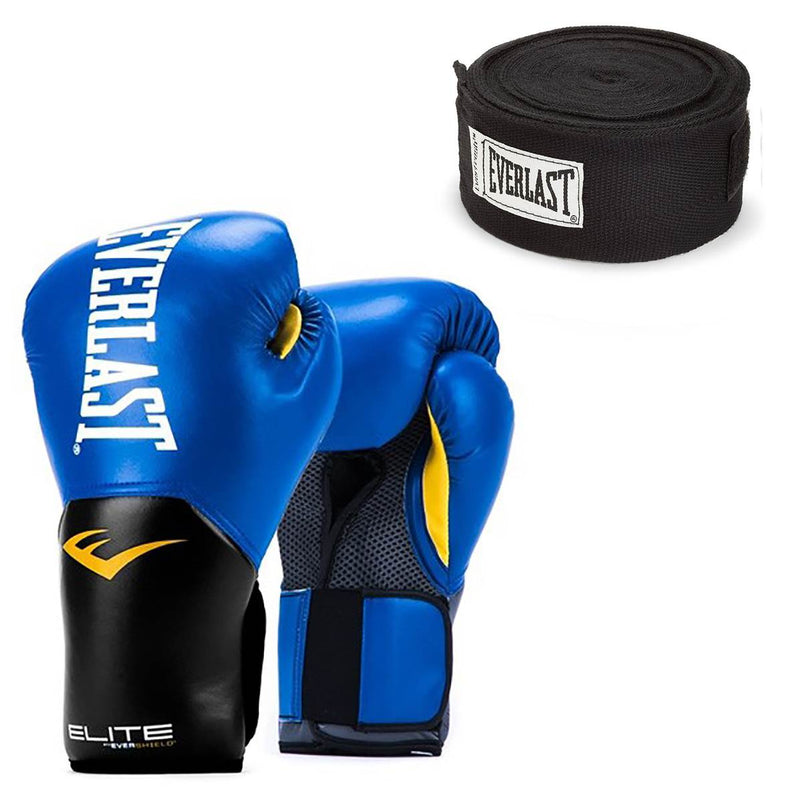 Everlast Blue Elite Pro Style Boxing Gloves 14 ounce & Black 120 Inch Hand Wraps