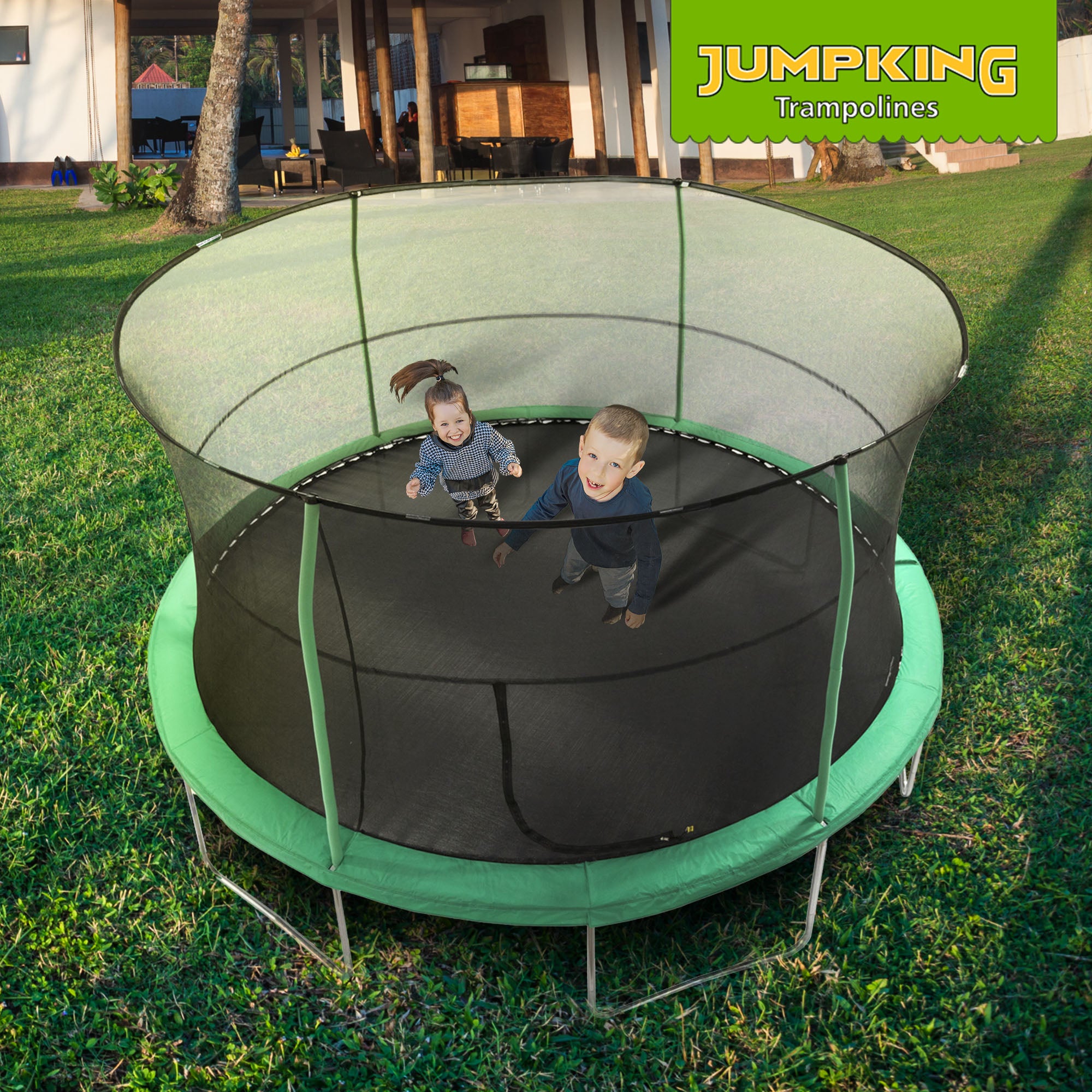 JumpKing JK1418C2 14 Foot Padded Enclosed Round Trampoline with G3 Poles, Green - VMInnovations
