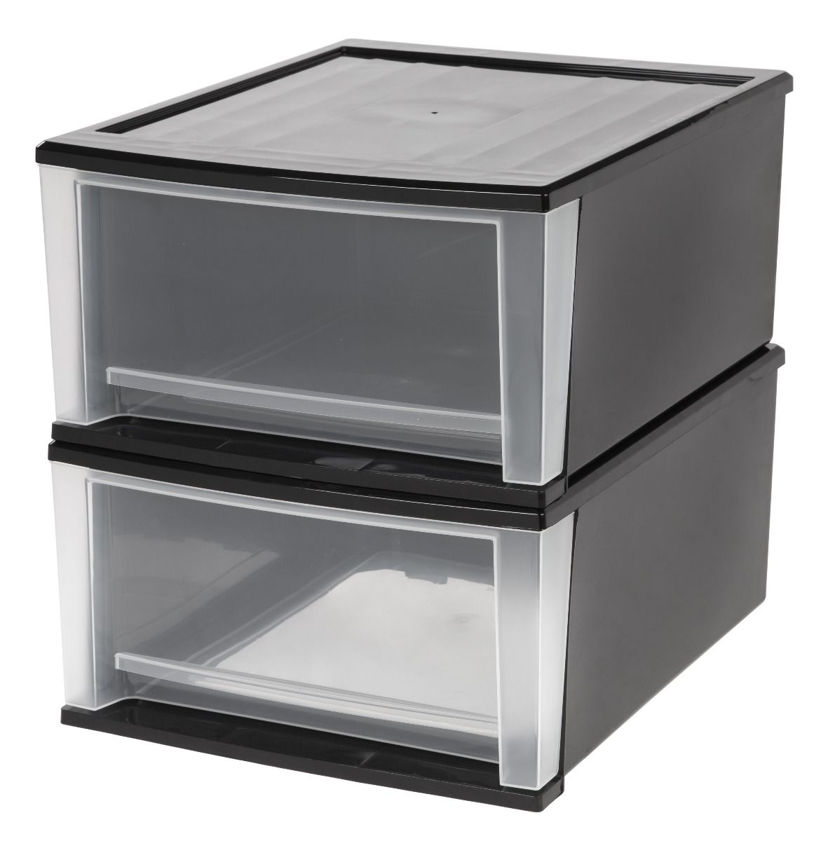 IRIS USA Large 32 Quart Stackable Pull Out Clear Front Plastic Drawer, Black (2 Pack)
