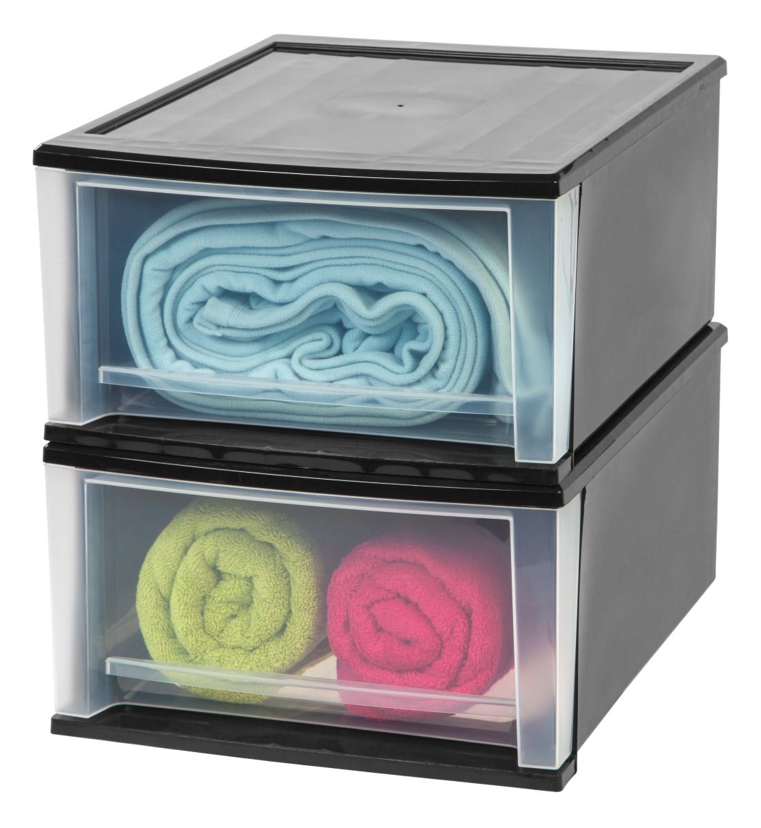 IRIS USA Large 32 Quart Stackable Pull Out Clear Front Plastic Drawer, Black (2 Pack)