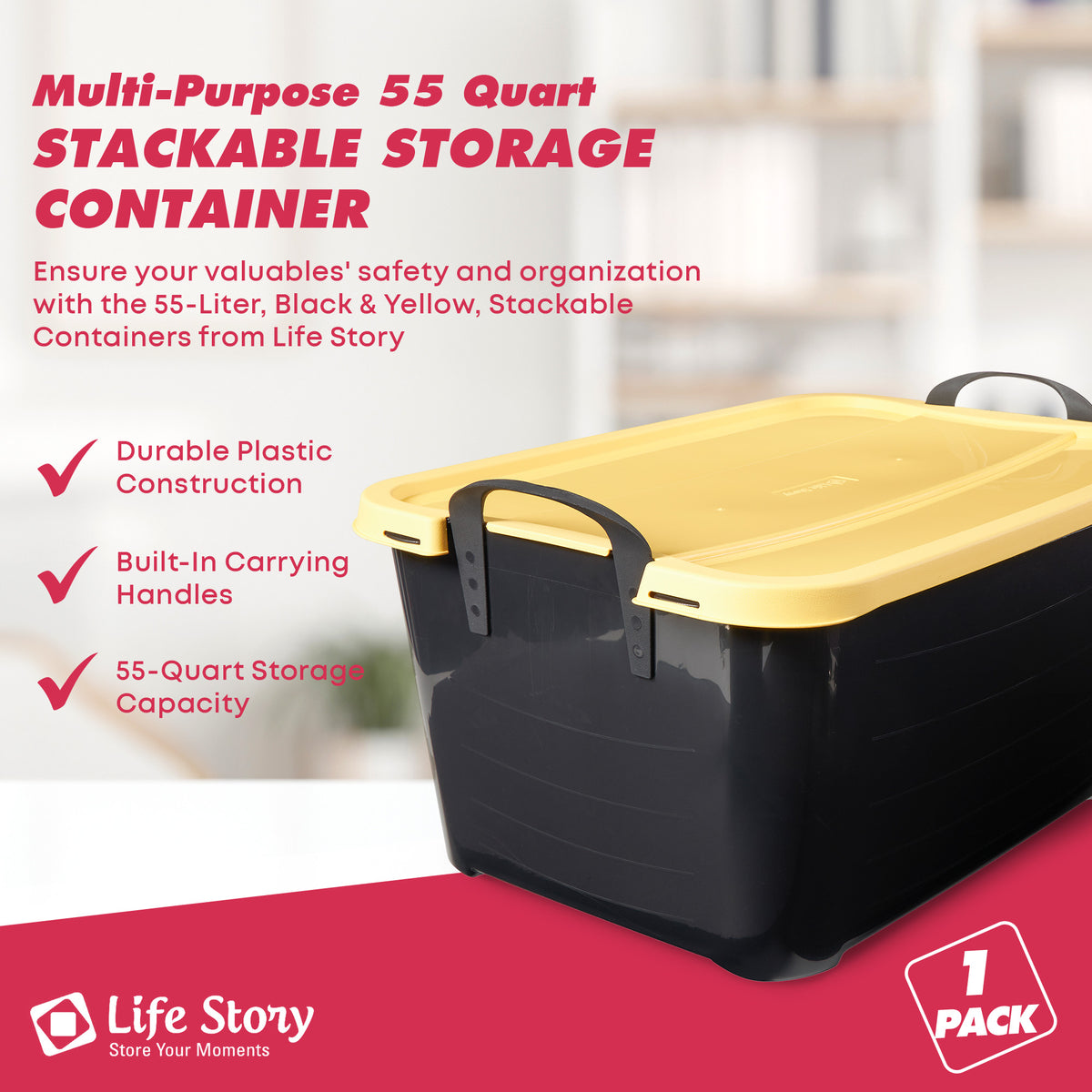 Life Story 55 Quart Stackable Organization and Storage Container, Black/Yellow