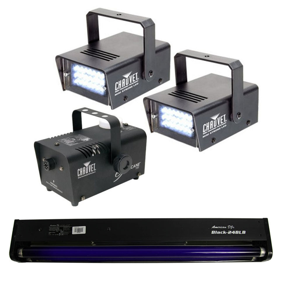 (2) CHAUVET LED Strobe Lights + H700 Fog Smoke Machine + Black-24BLB Blacklight - VMInnovations