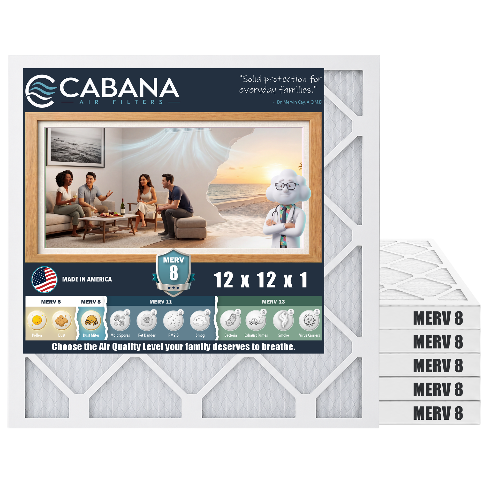 Cabana Air Filters 6 Pack HVAC Furnace Air Filters, MERV 8, 12 x 12 x 1, White - VMInnovations