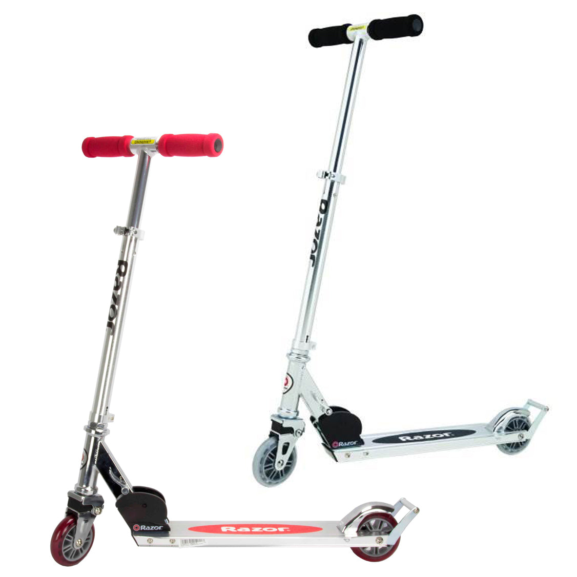 Razor A2 Kids Folding Portable Kick Push Scooter with Wheelie Bar, 1 Red & 1 Silver