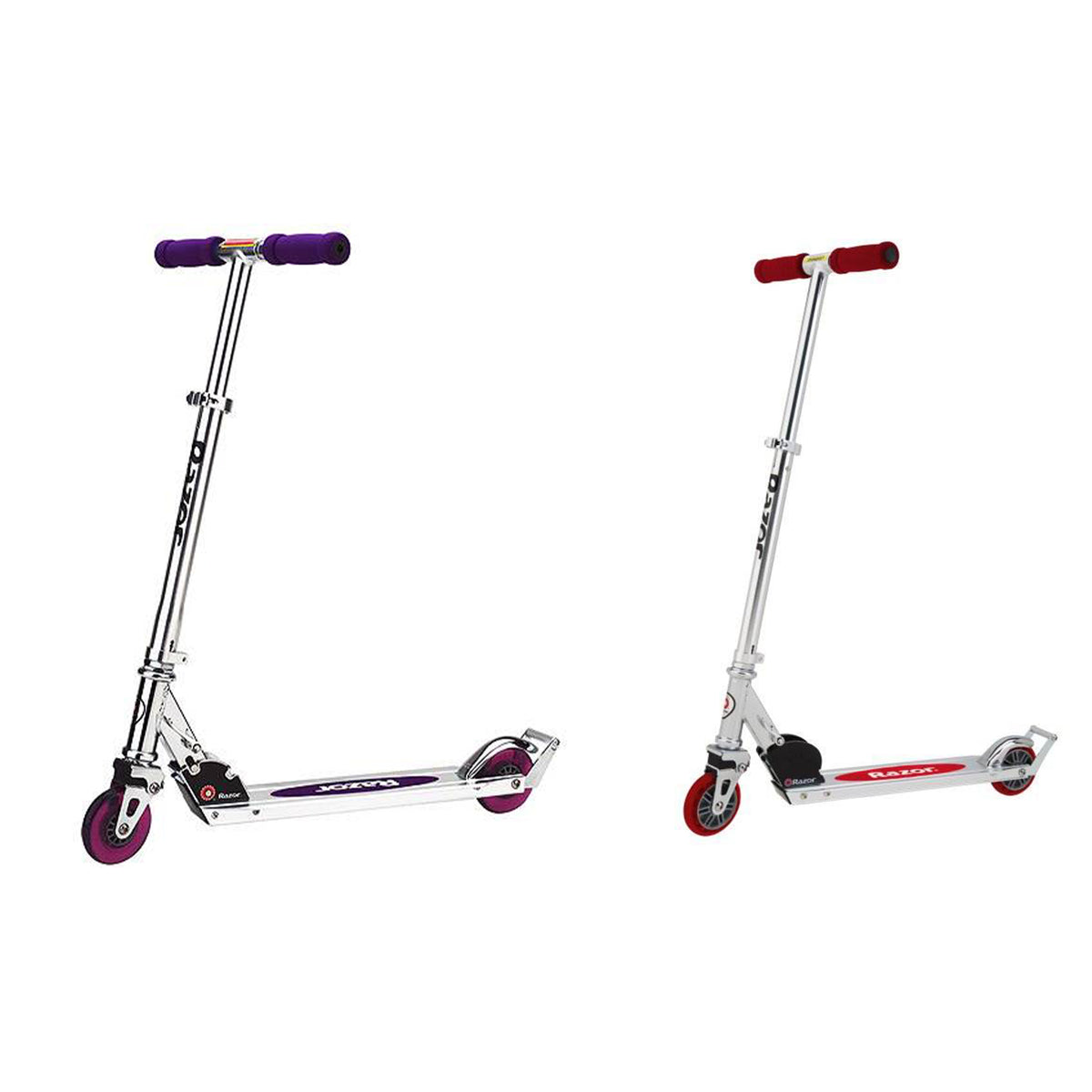 Razor A2 Kids Folding Kick Push Scooter with Wheelie Bar, 1 Purple & 1 Red