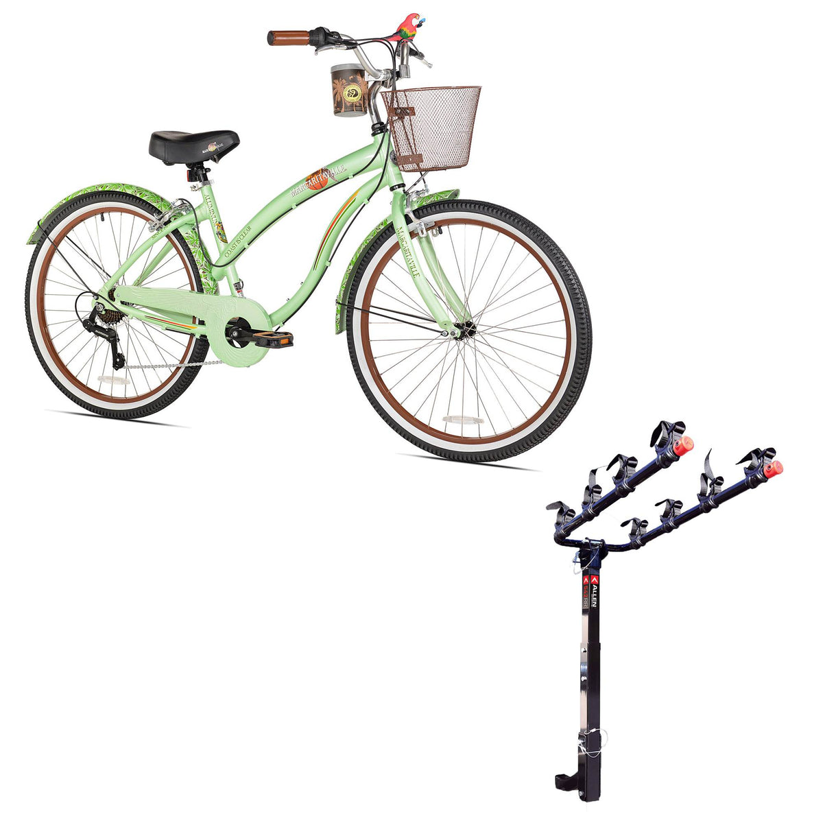 Margaritaville 26" Ladies Coast is Clear Cruiser Bike & 4 Bike Car Bumper Rack