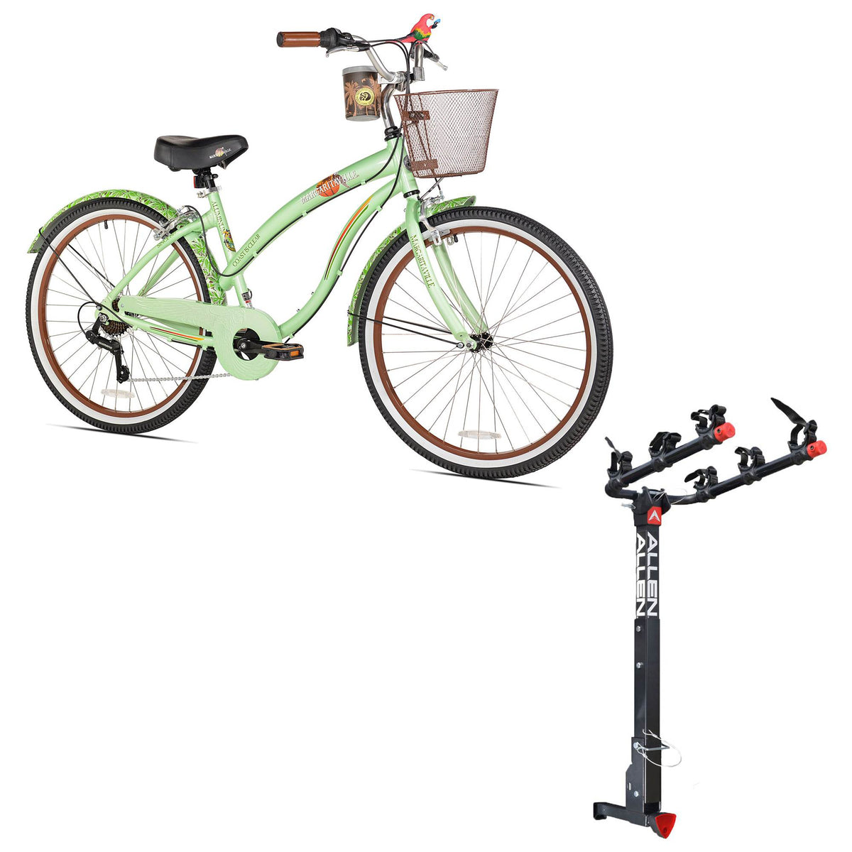 Margaritaville 26" Ladies Coast is Clear Cruiser Bike & 3 Bike Lock Hitch Rack