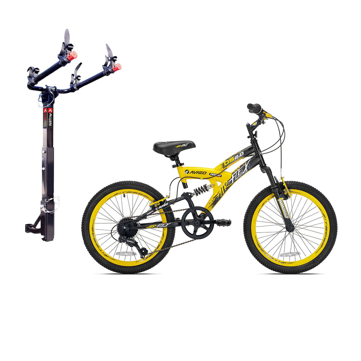Kent Bikes Avigo Air Flex Steel 20 Inch Boys BMX Bike & 2 Bike Car Hitch Rack