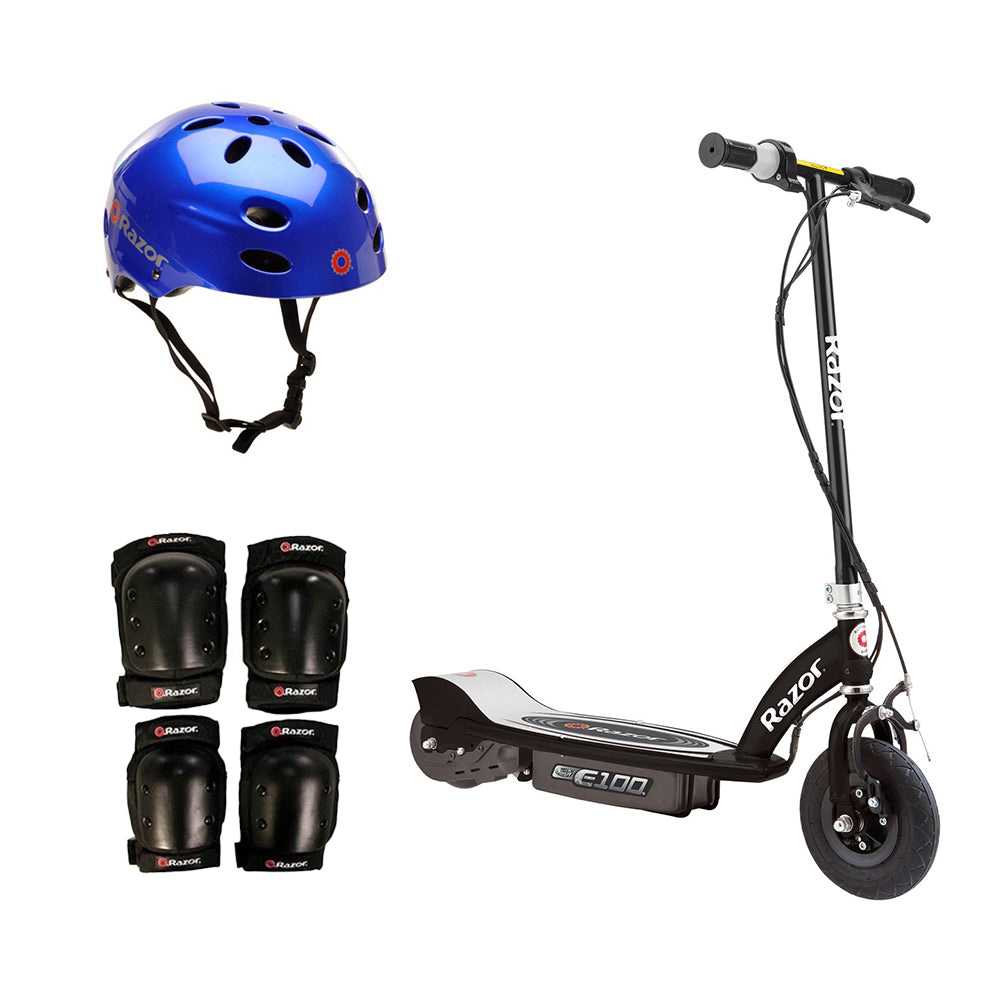 Razor E100 Motorized Black Electric Scooter w/ Blue Helmet & Deluxe Safety Set