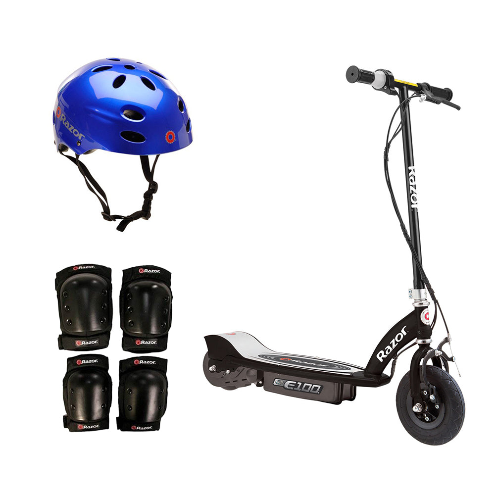 Razor E100 Rechargeable Black Electric Scooter w/ Blue Helmet & Safety Pro Set