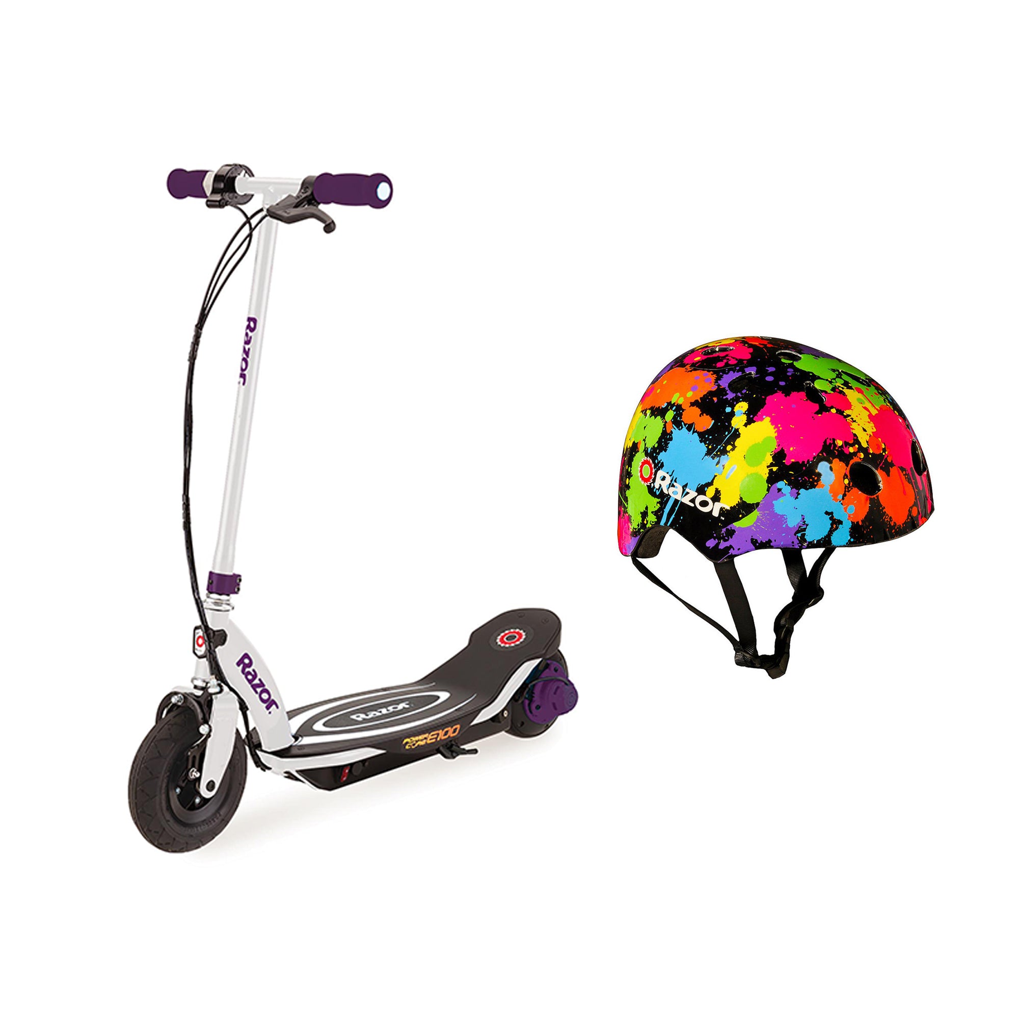 Razor Power Core E100 Kids Electric Motor Scooter with Splatter Helmet, Purple