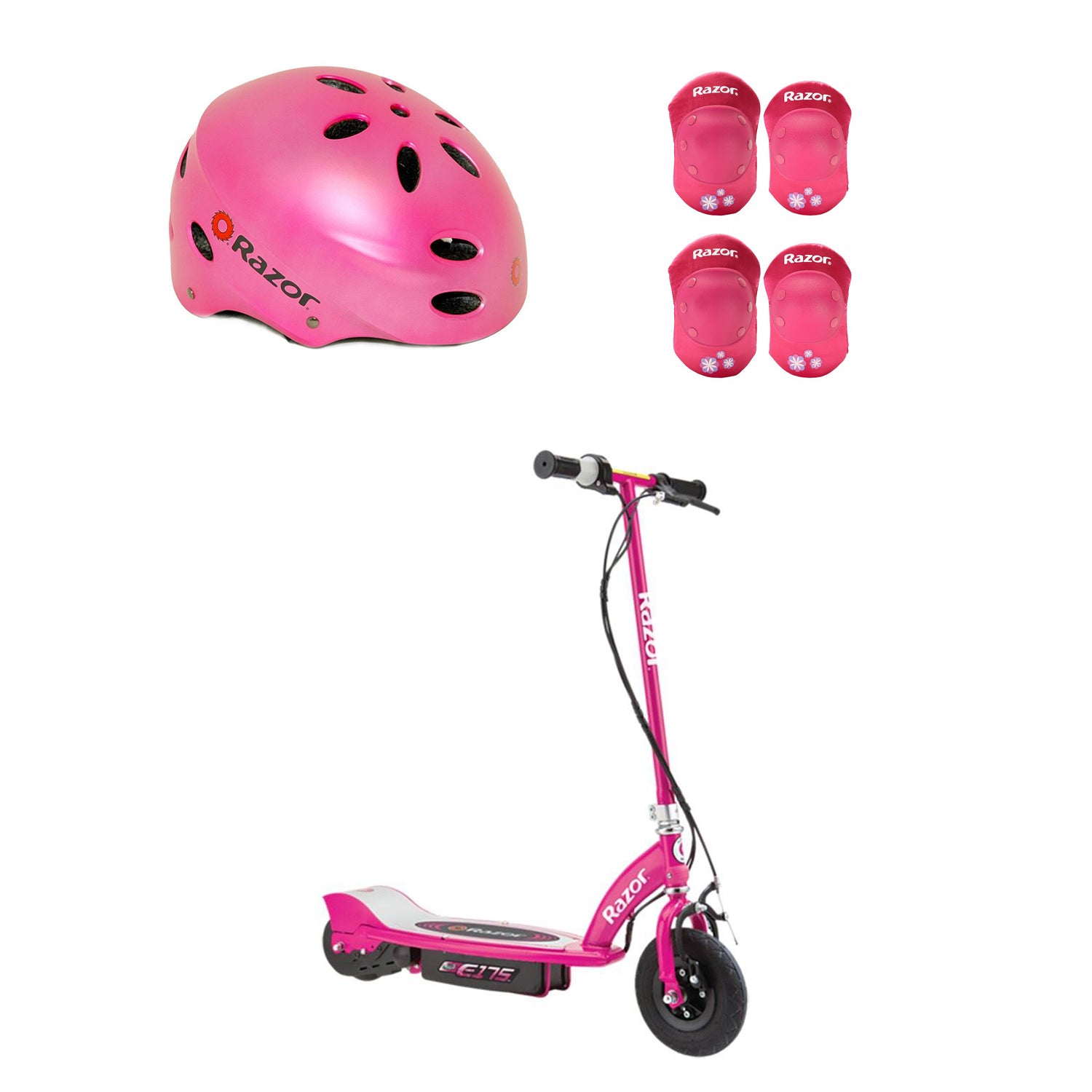Razor E175 Electric Rechargeable Scooter + Bicycle Helmet + Elbow & Knee Pad Set