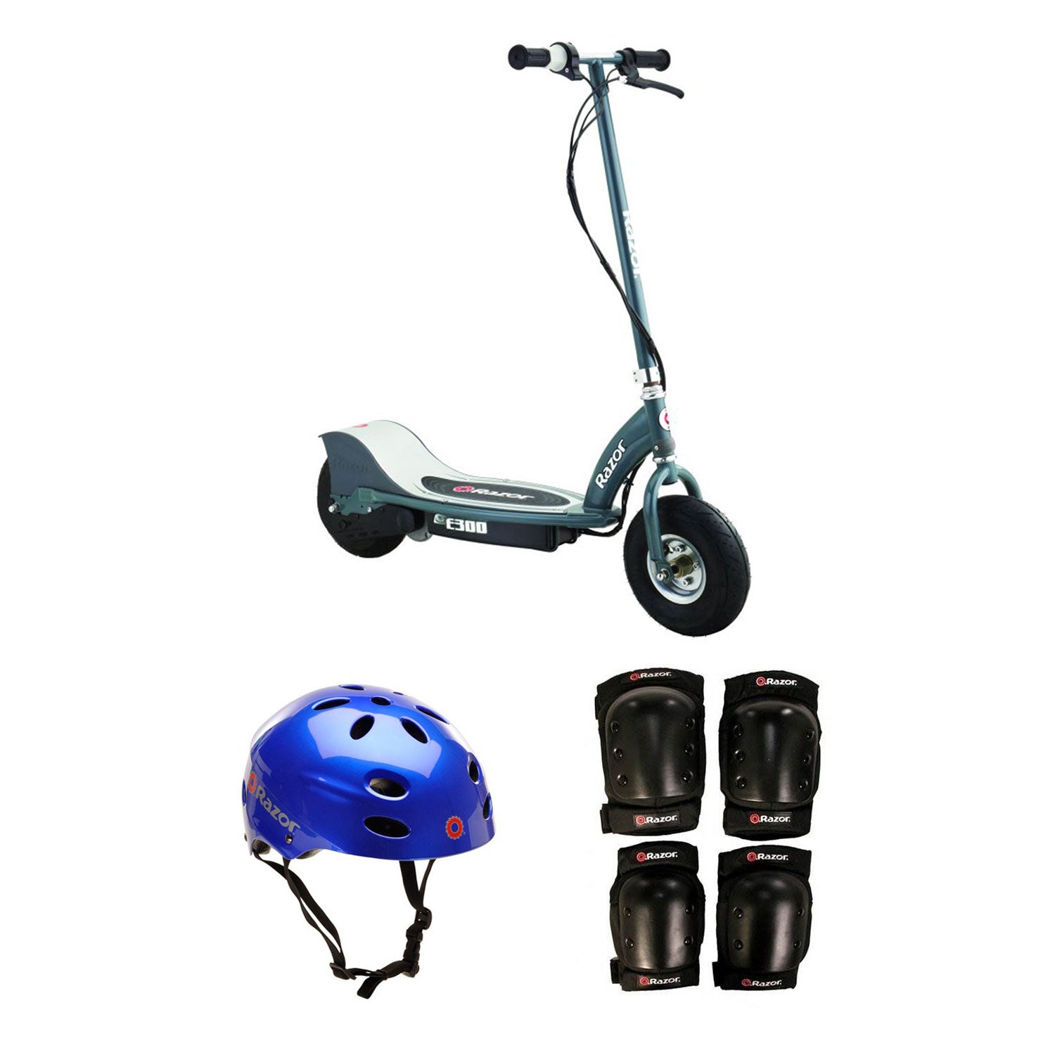Razor Electric Power Kids Scooter, Gray + Youth Sport Helmet + Elbow & Knee Pads