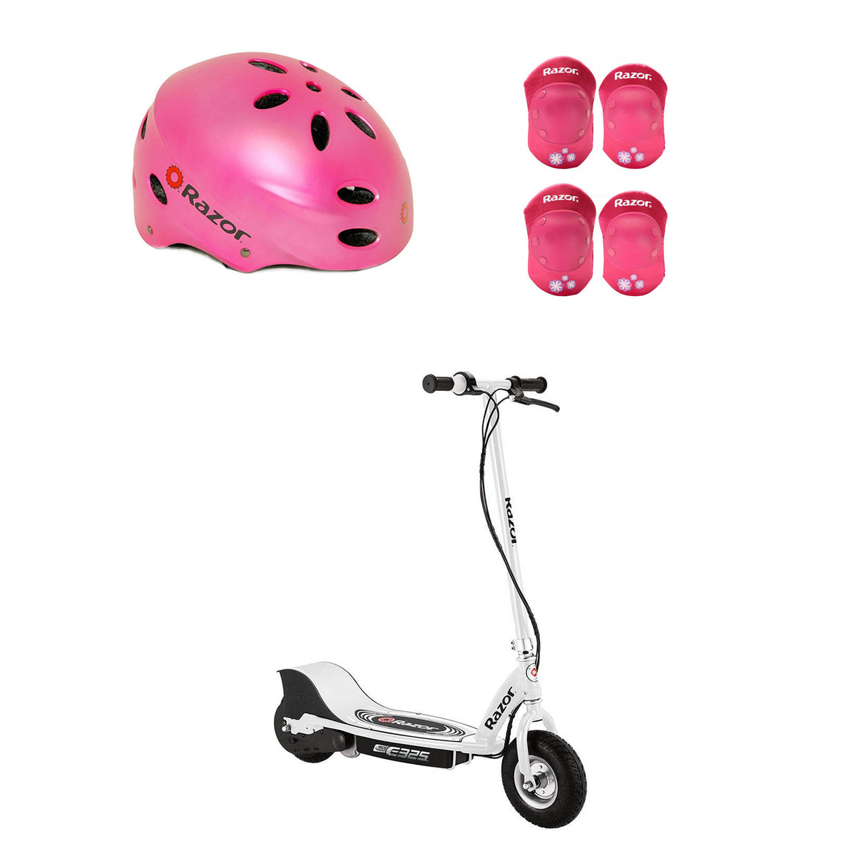 Razor E325 Electric Rechargeable Scooter + Bicycle Helmet + Elbow & Knee Pad Set