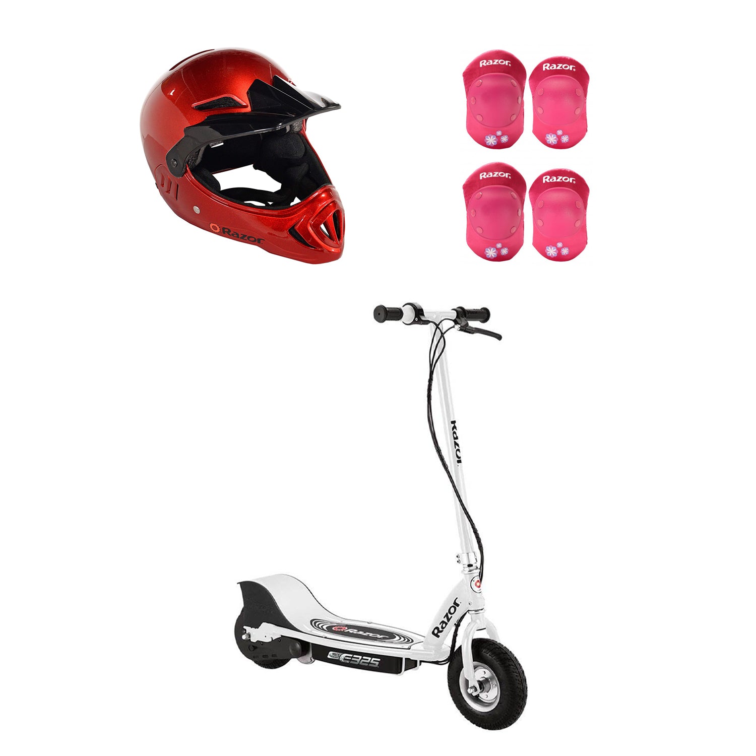 Razor E325 Electric Rechargeable Scooter + Bicycle Helmet + Elbow & Knee Pad Set