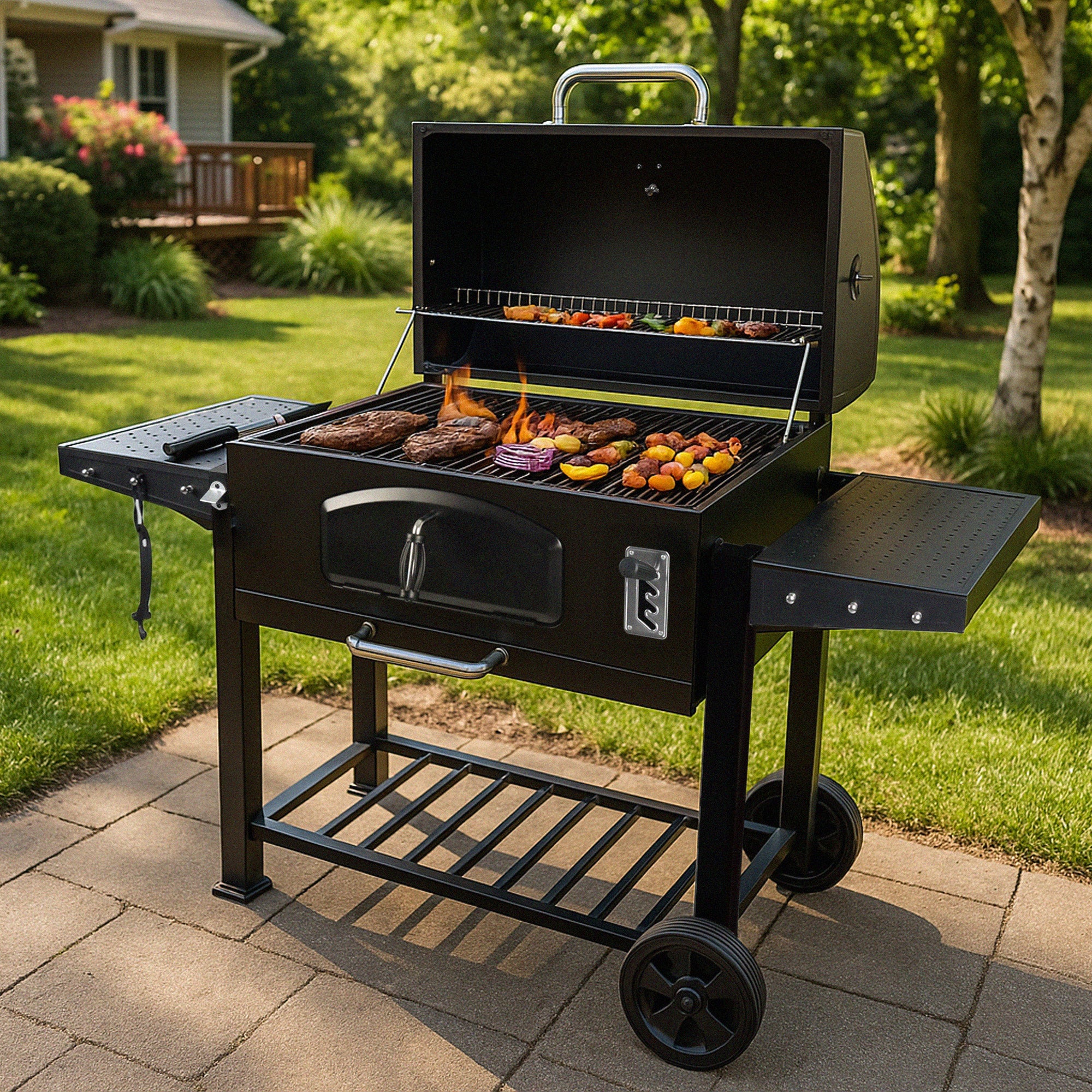 Grill Boss 32 Inch Charcoal BBQ Grill, Side Shelve w/ Thermometer, Blk(Open Box)