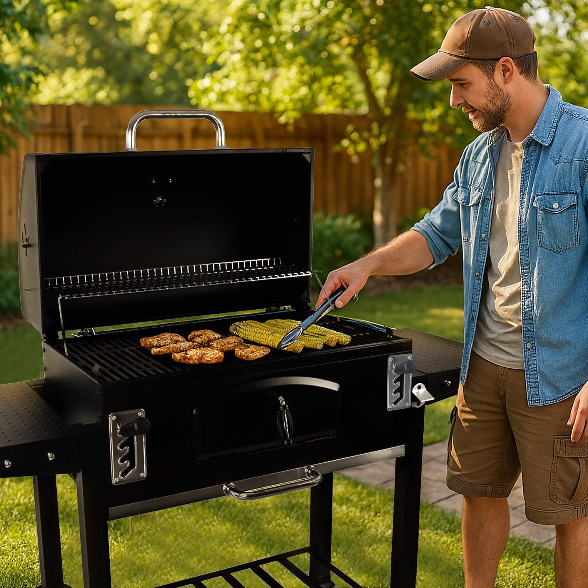 Grill Boss 32 Inch Charcoal BBQ Grill, Side Shelves, Built In Thermometer, Black