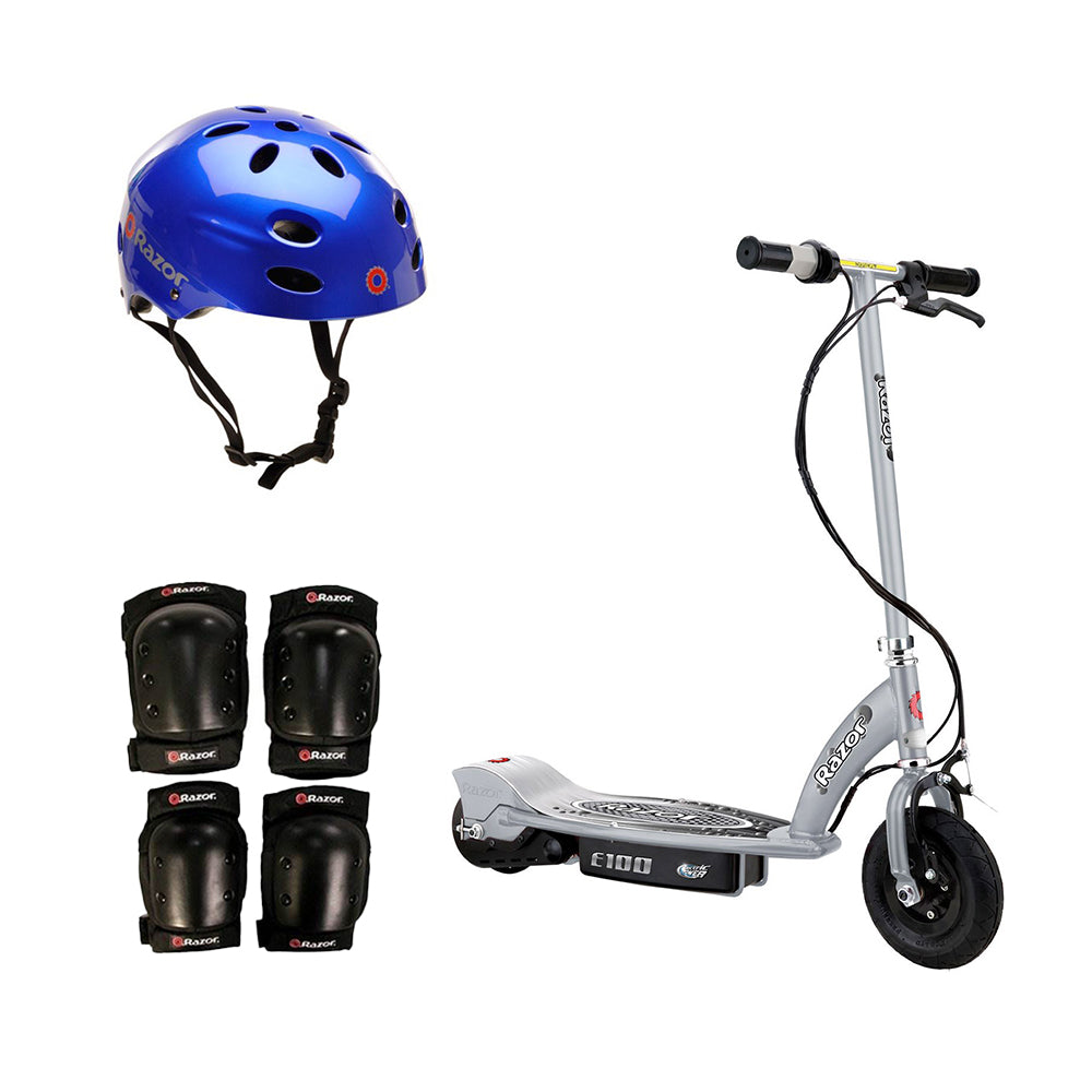 Razor E100 Motorized Silver Electric Scooter w/ Blue Helmet & Deluxe Safety Set