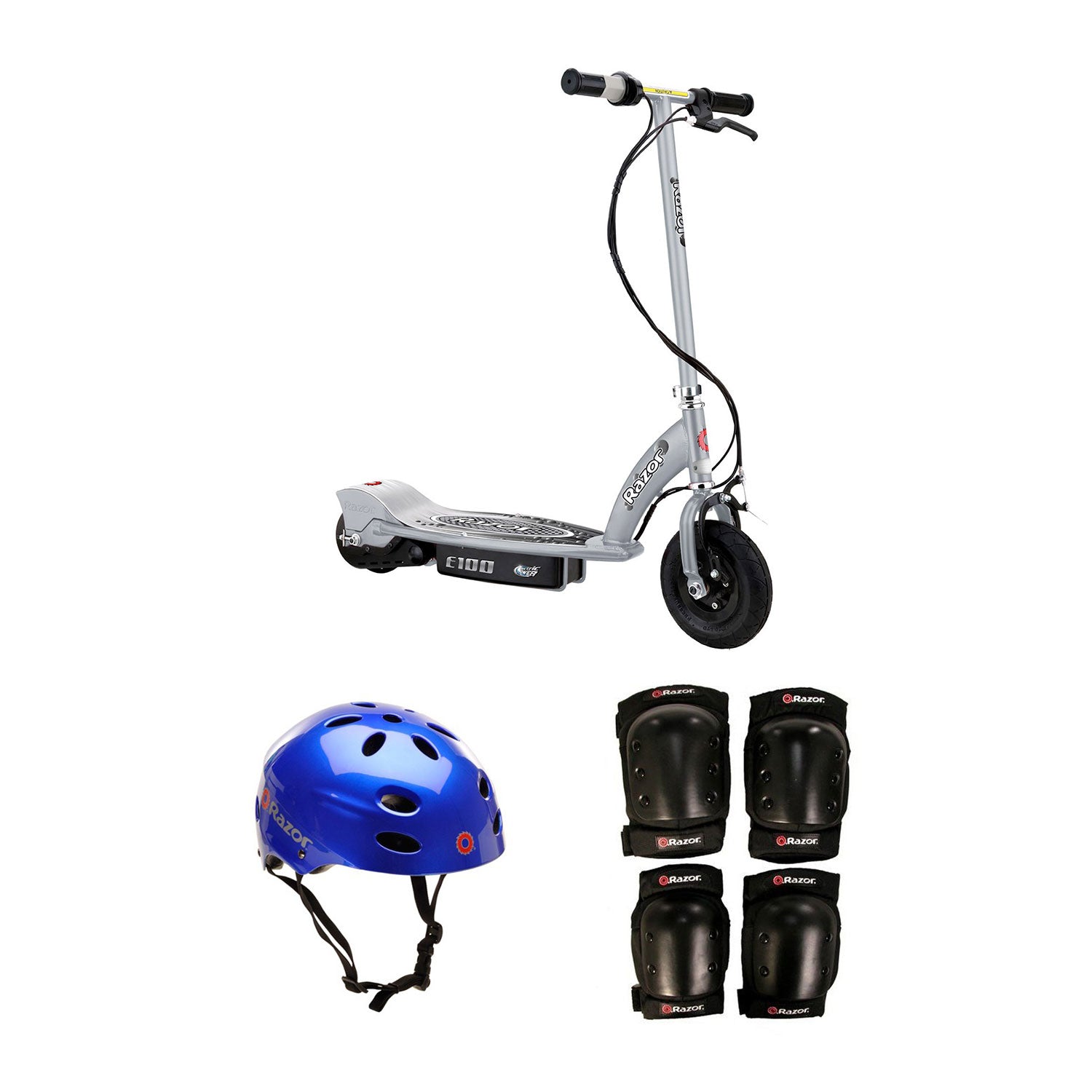 Razor Electric Kids Scooter, Silver & Youth Sport Helmet & Elbow & Knee Pads - VMInnovations
