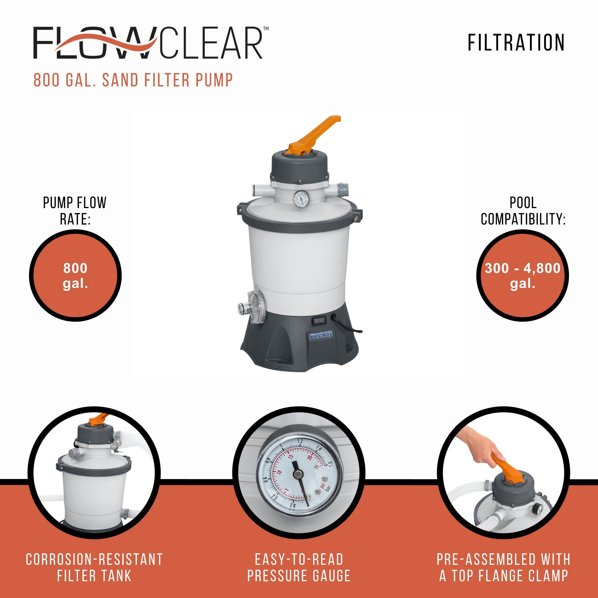 Bestway Flowclear 530 GPH Silica & Sand Pool Filter Pump, Gray (Open Box) - VMInnovations