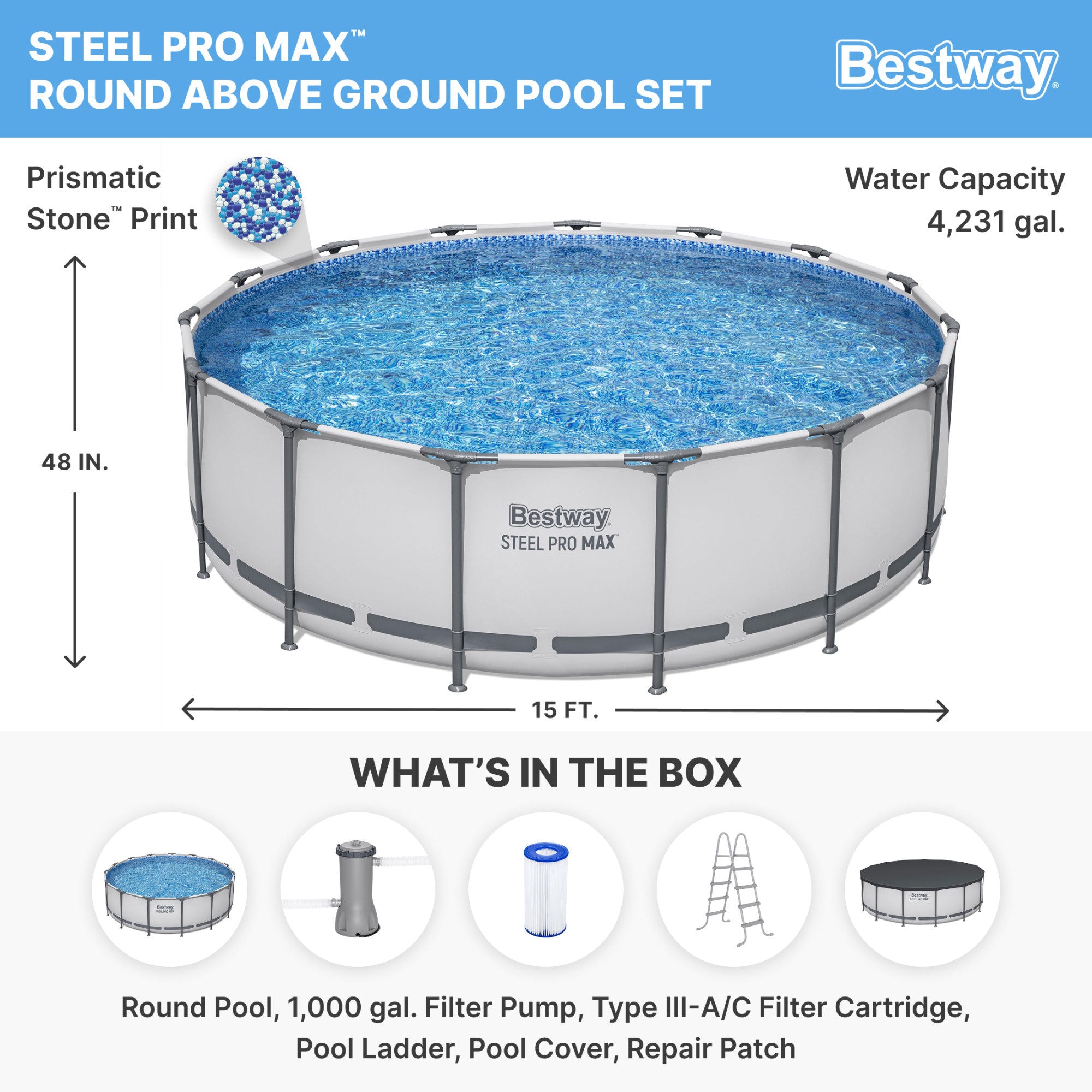 Bestway Steel Pro Max 15 Foot Round Metal Frame Pool, Filter Pump & Ladder(Used)