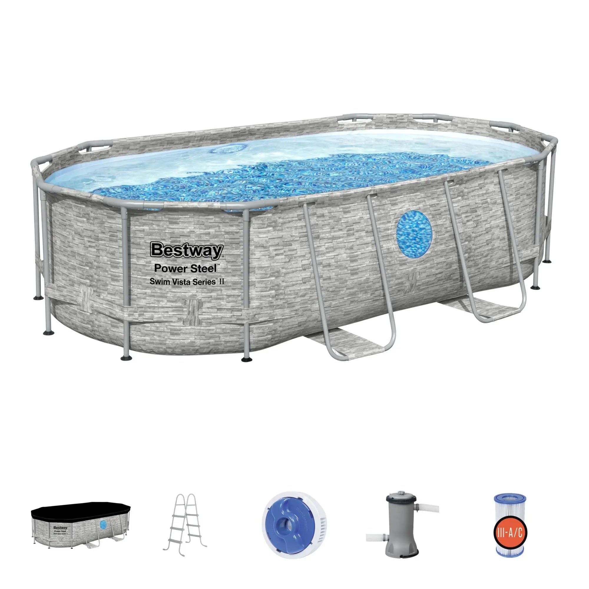 Bestway 14 x 8 x 3.3 Foot Power Swim Vista Pool Set with Pump and Cleaning Kit - VMInnovations