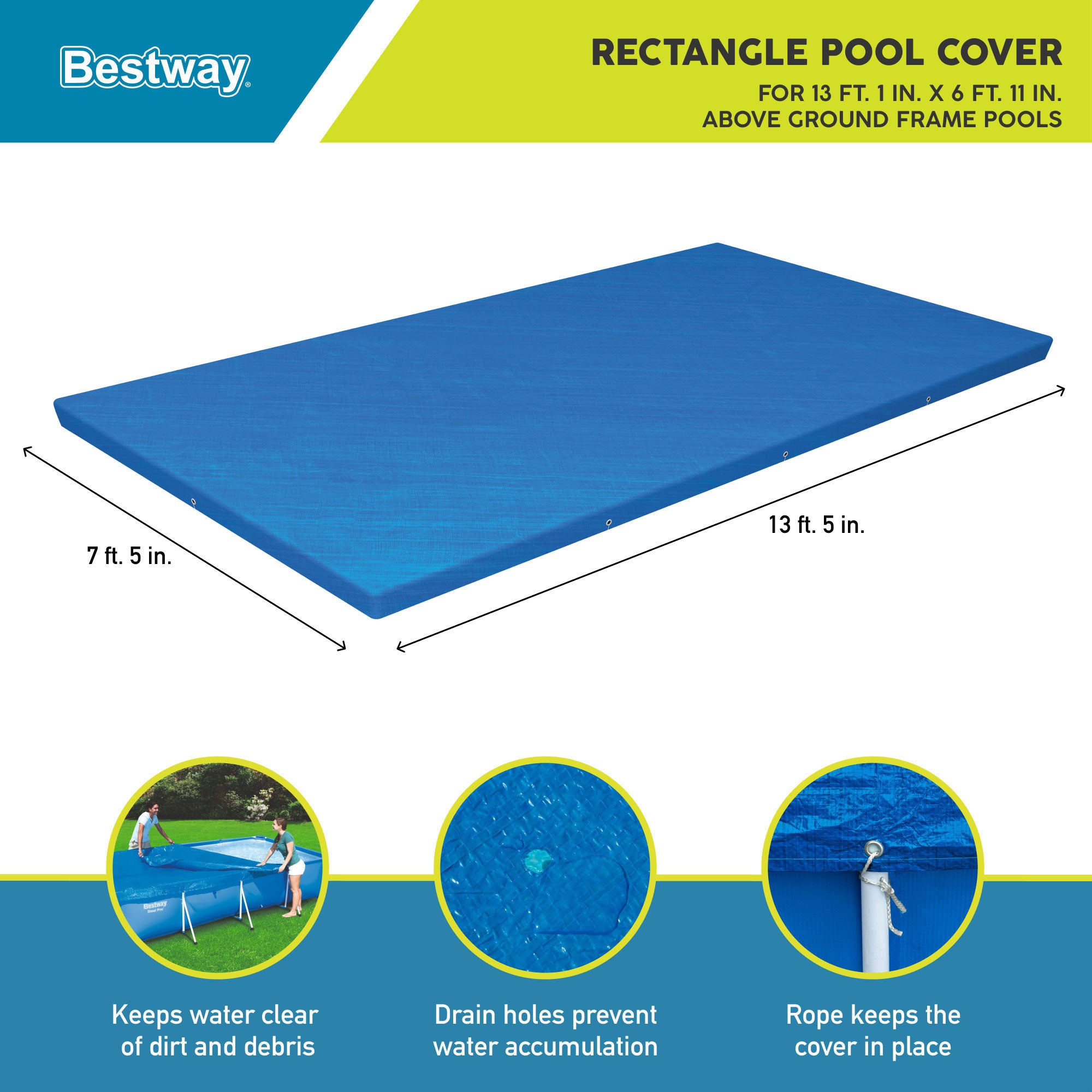 Bestway Flowclear Rectangle 13' 1" x 6' 11" Above Ground Pool Cover (Cover Only) - VMInnovations