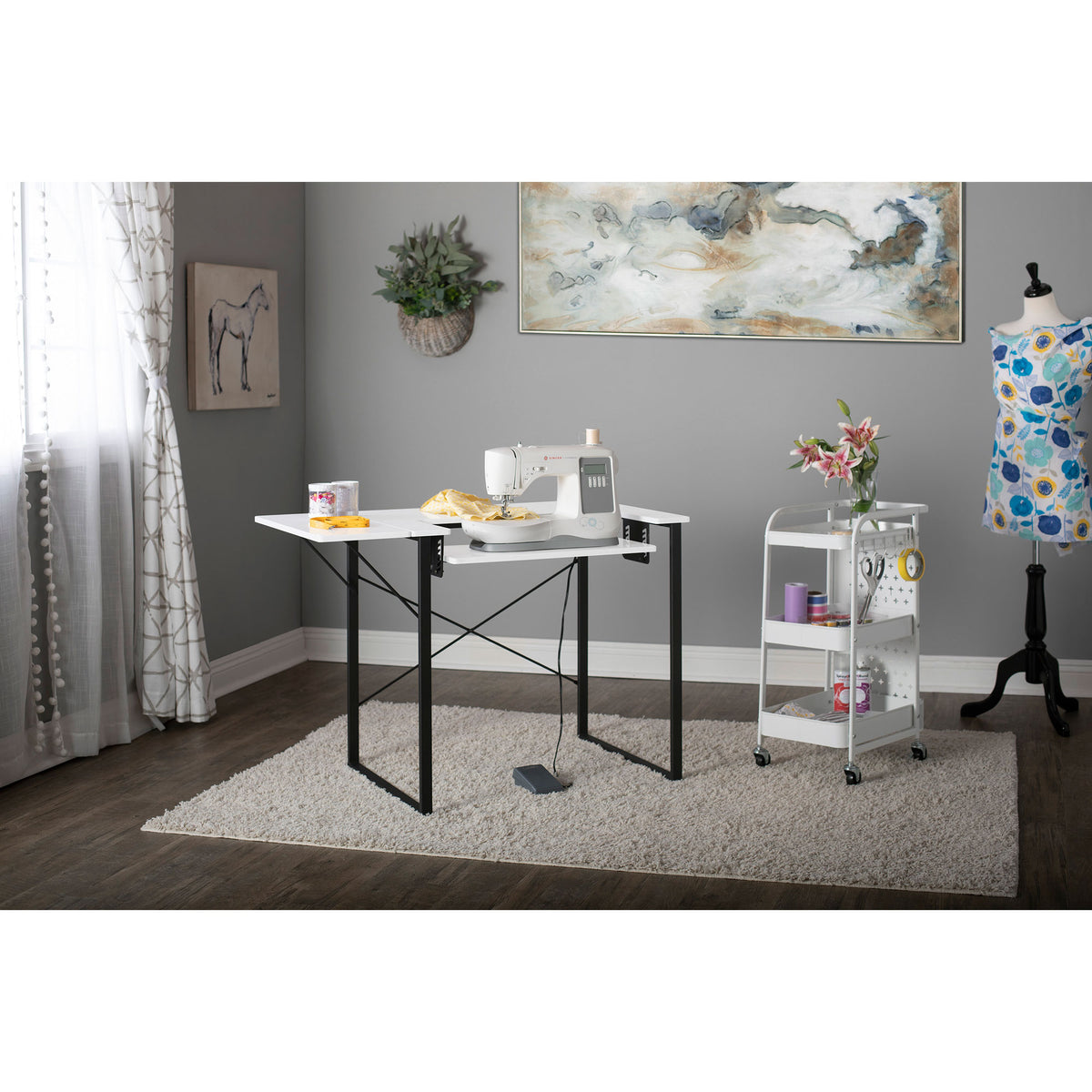 Sew Ready Dart Sewing Table Workstation w/ Folding Top, Black/White (For Parts)