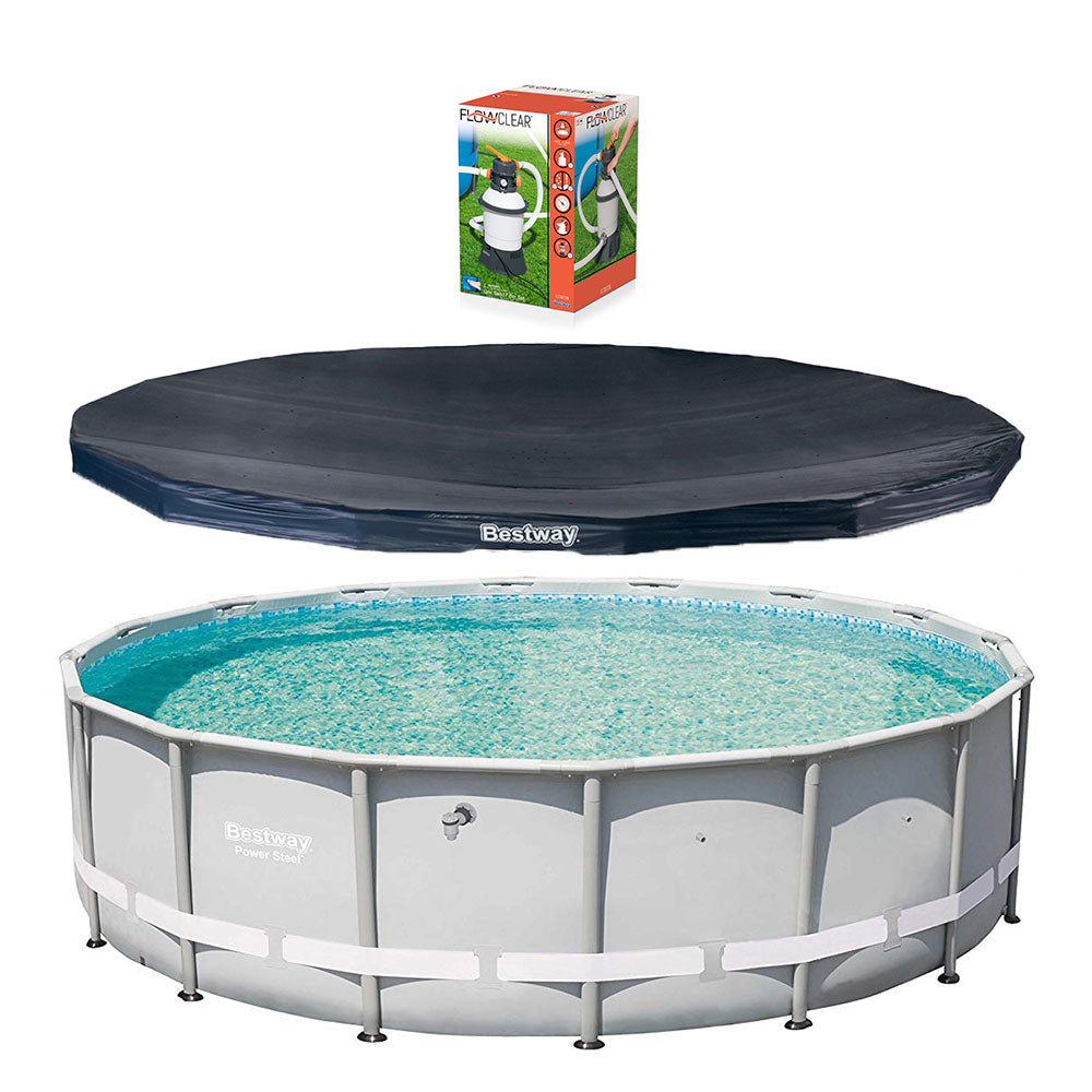 Bestway 16 Foot Steel Frame Pool w/ Round PVC Cover & Flowclear Sand Filter Pump