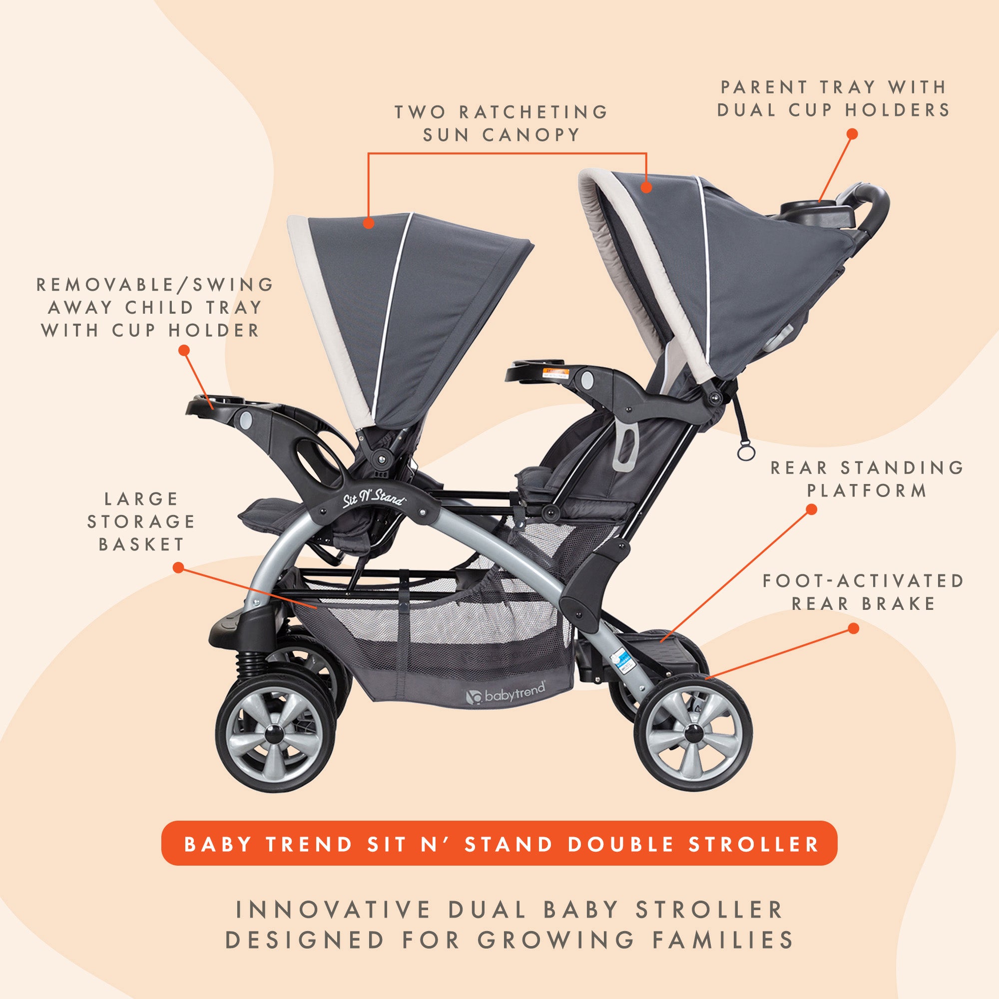 Baby Trend Sit N' Stand Easy Fold Twin Double Infant Toddler Stroller (Open Box)