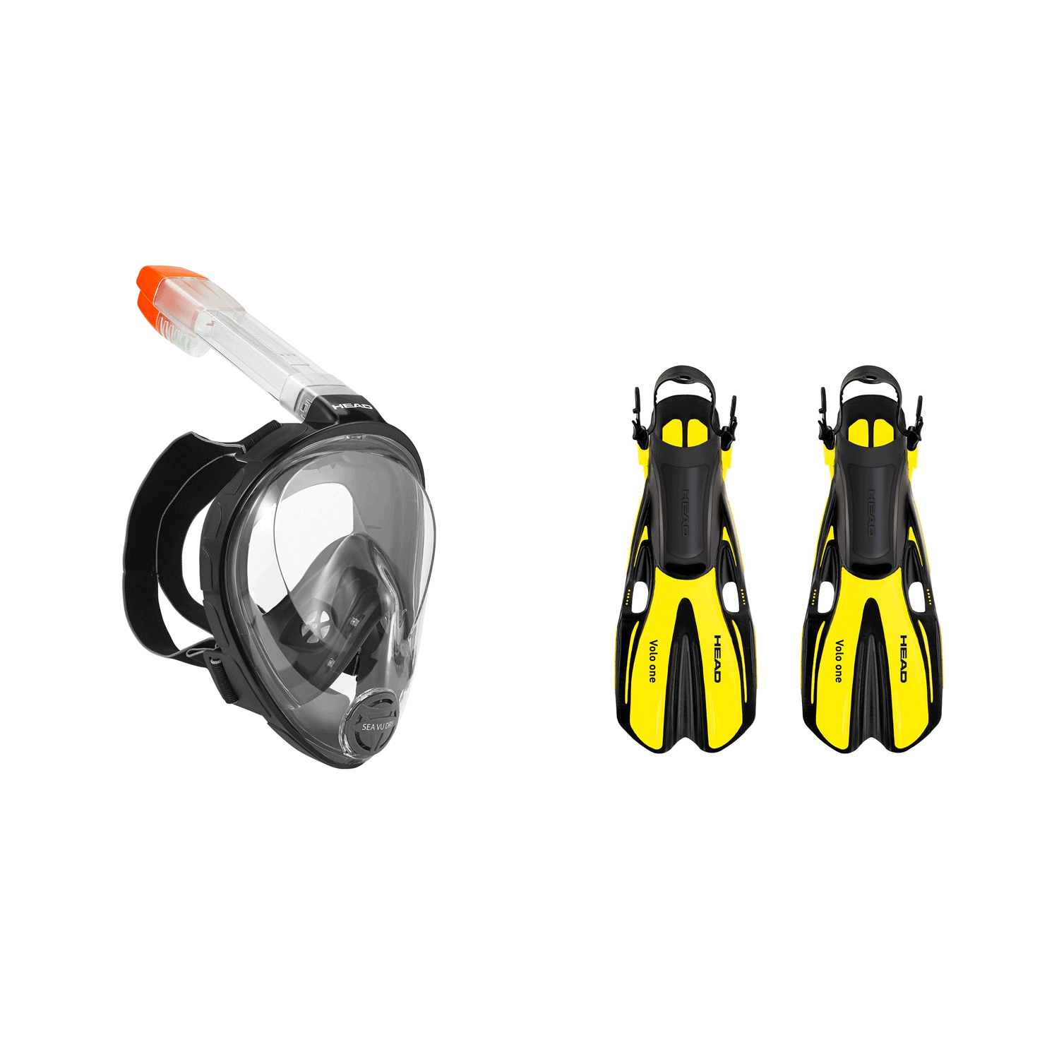 Head Sea Vu Dry Black Full Face Adult Snorkeling Mask w/ Yellow Scuba Fins, L/XL