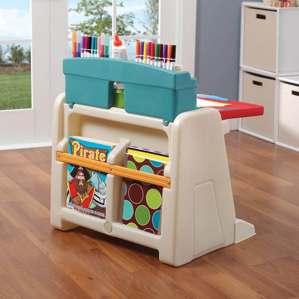 Step2 2 in 1 Flip and Doodle White Board Easel and Desk with Stool, Teal/Lime