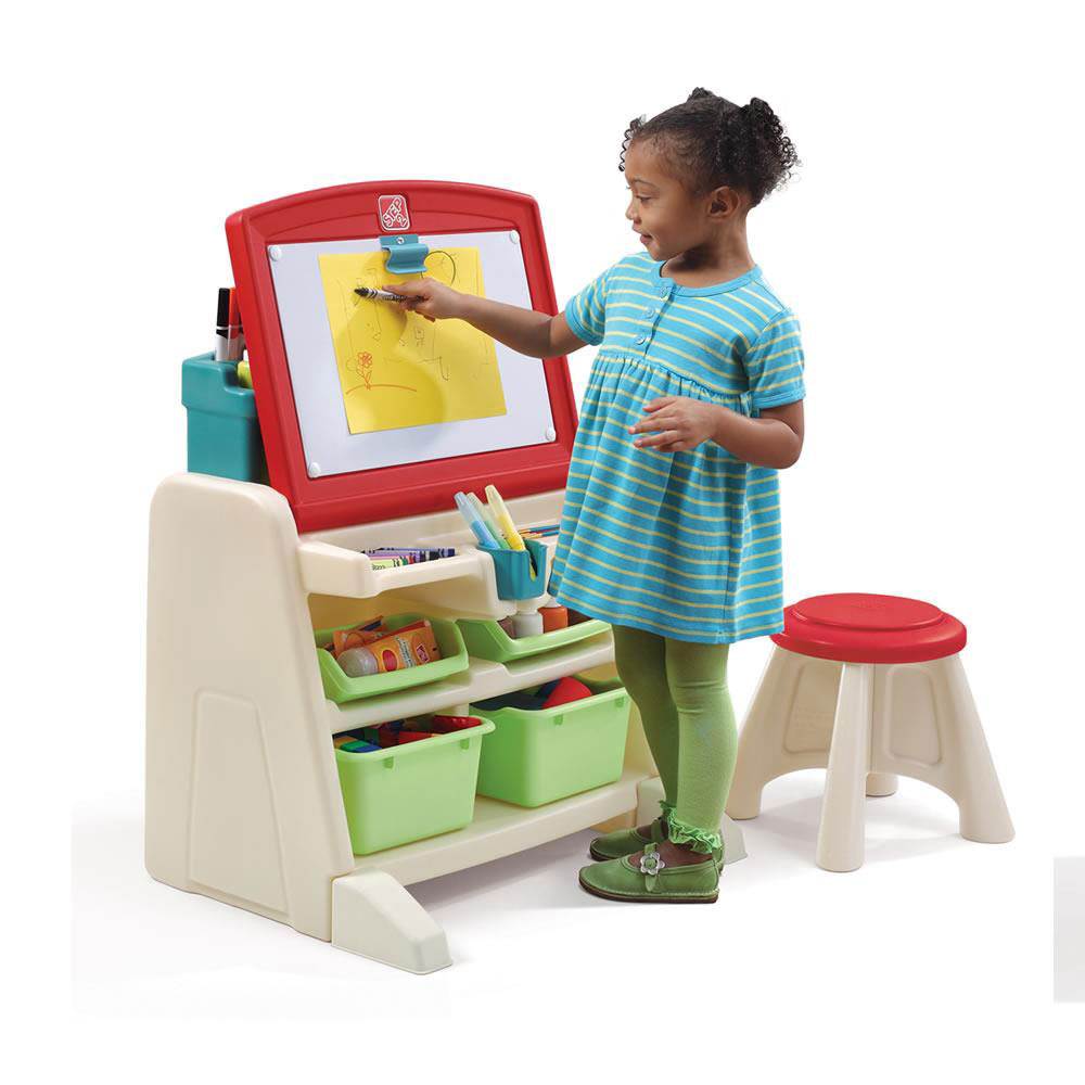 Step2 2 in 1 Flip and Doodle White Board Easel and Desk with Stool, Teal/Lime