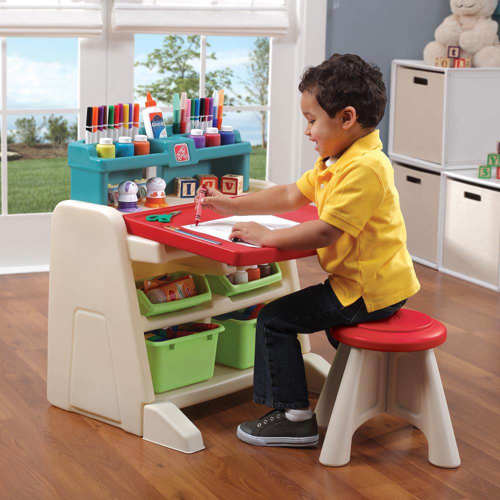 Step2 2 in 1 Flip and Doodle White Board Easel and Desk with Stool, Teal/Lime