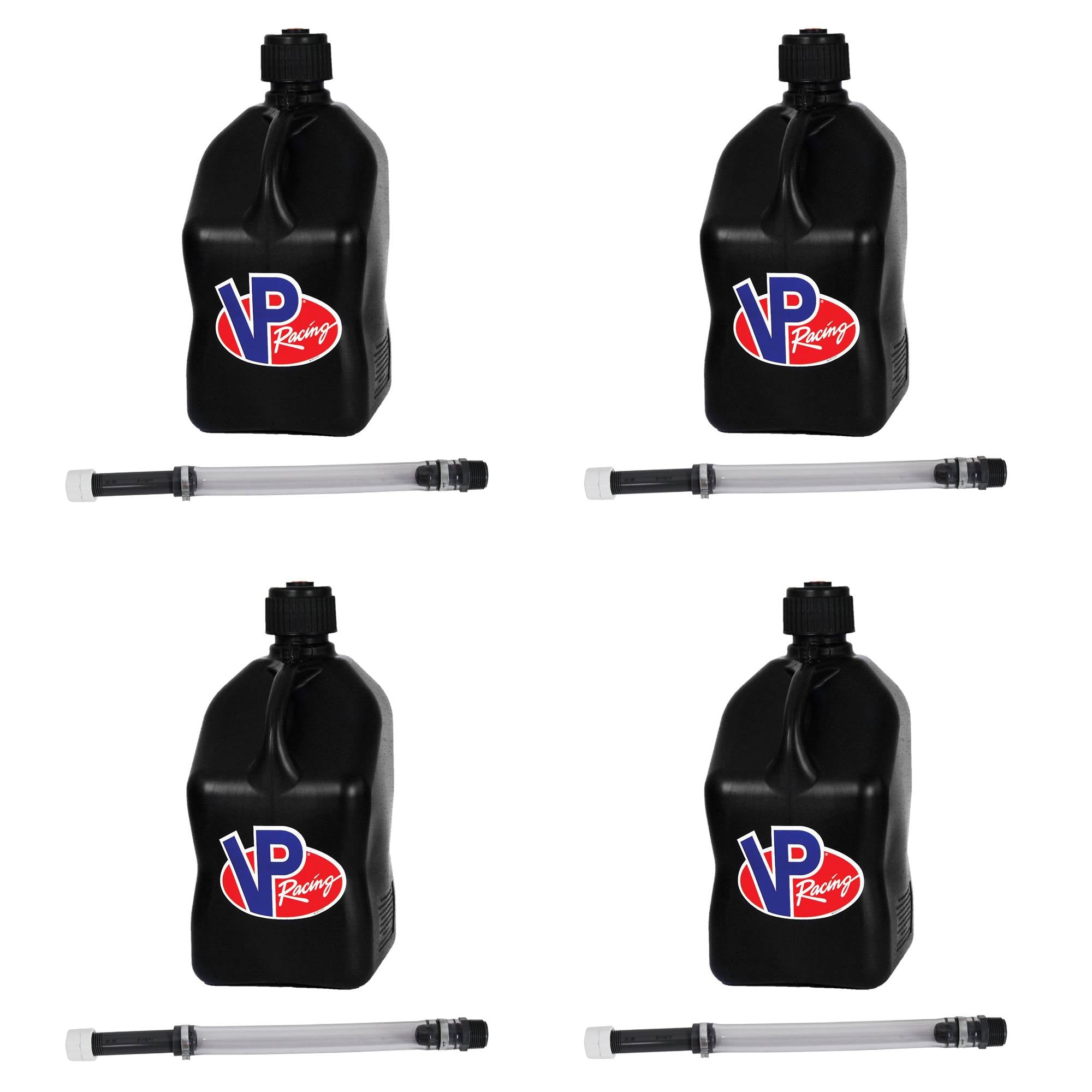 VP Racing 5.5 Gallon Utility Jugs with Deluxe Filler Hoses, Black (4 Pack)